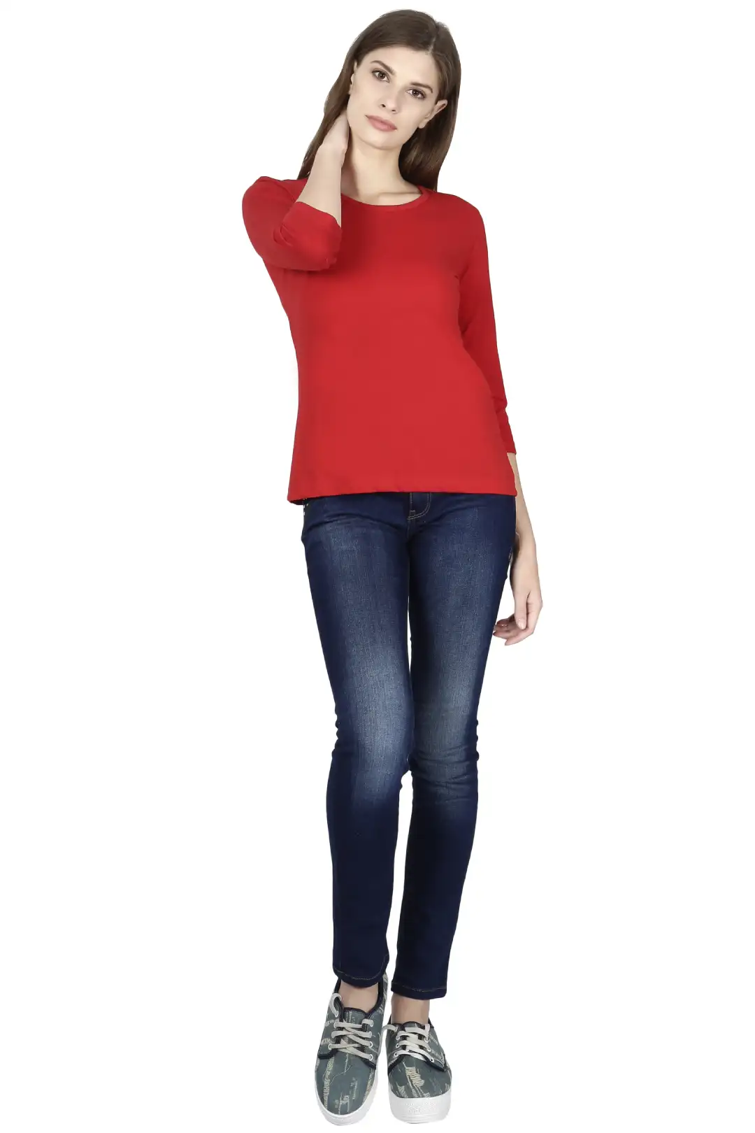 Women's 3/4 Sleeves Plain Cotton T-Shirt Red - Image 5
