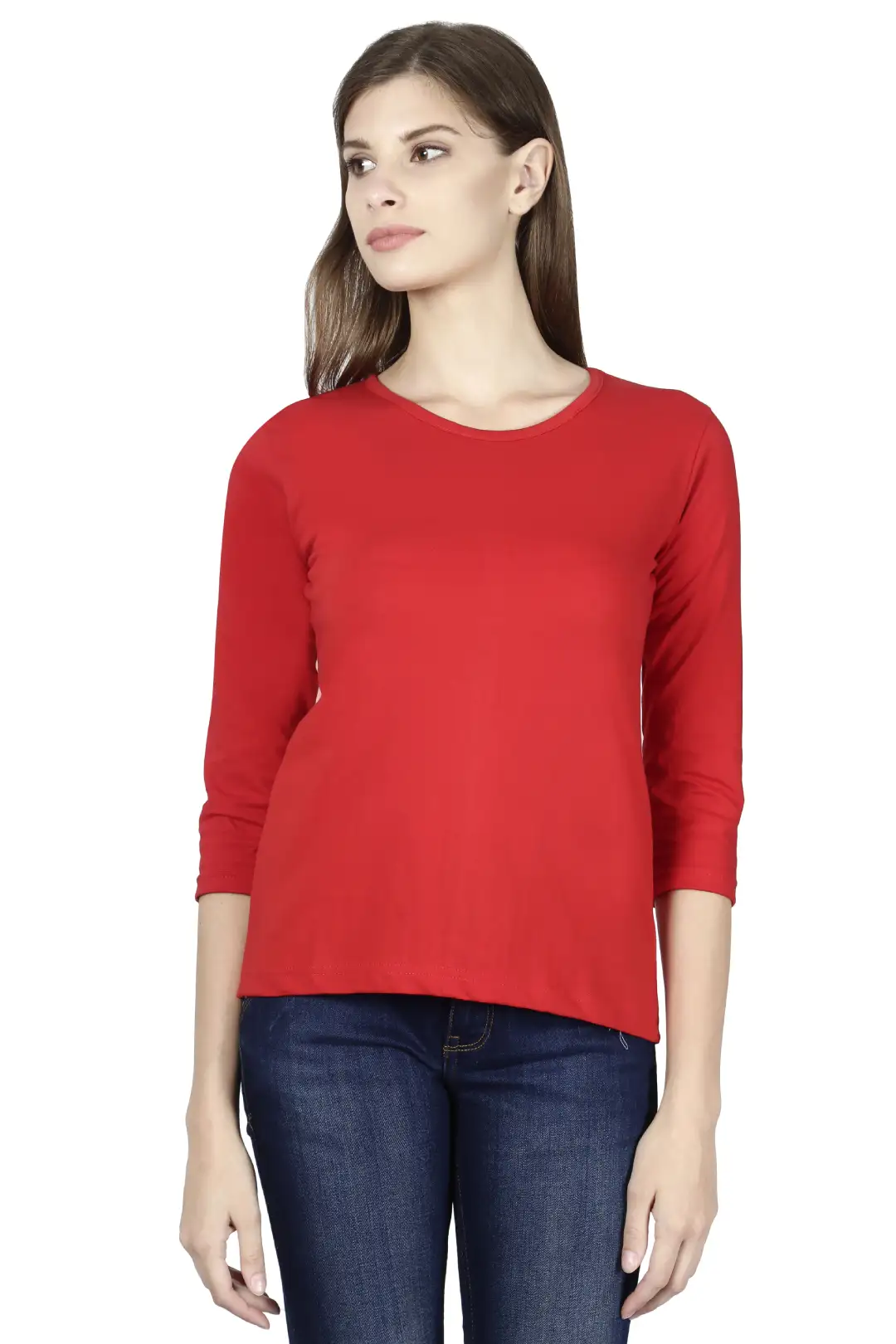 Women's 3/4 Sleeves Plain Cotton T-Shirt Red