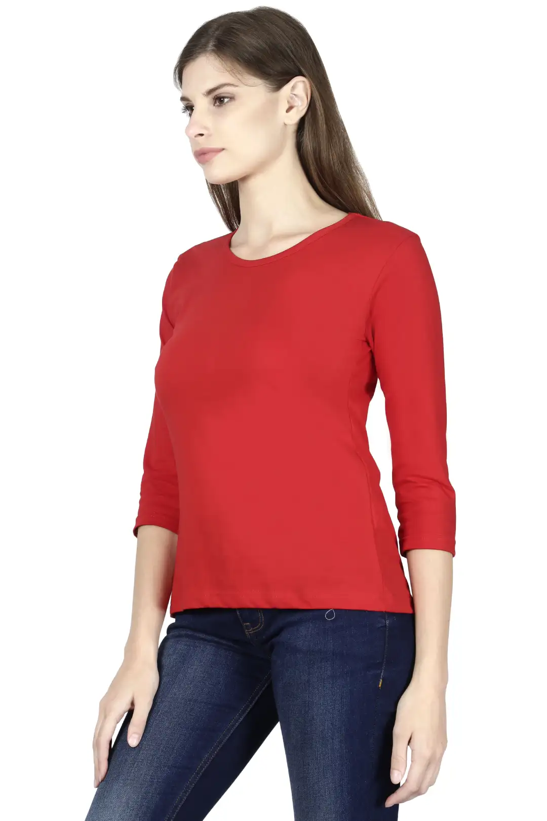 Women's 3/4 Sleeves Plain Cotton T-Shirt Red - Image 2