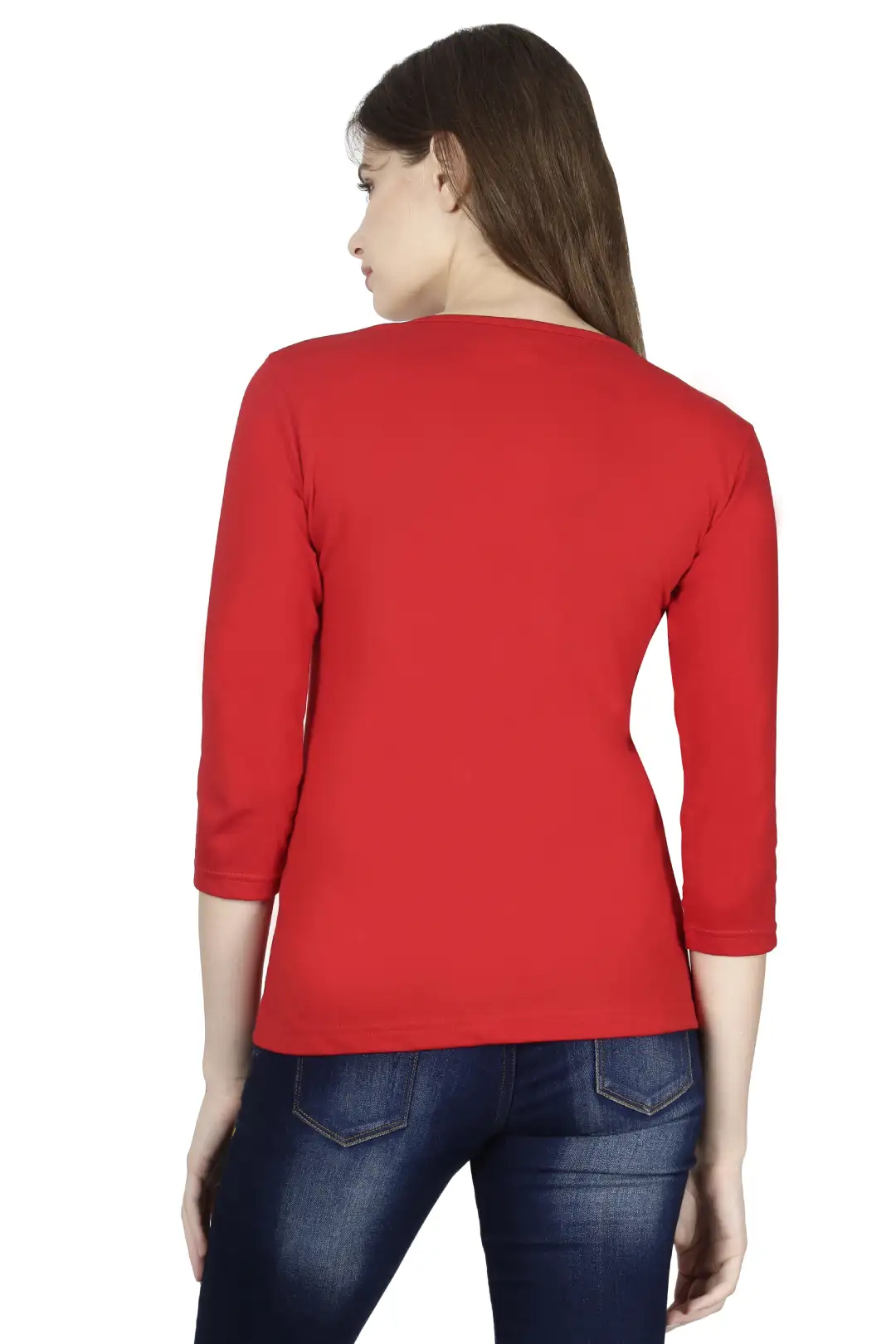 Women's 3/4 Sleeves Plain Cotton T-Shirt Red - Image 3