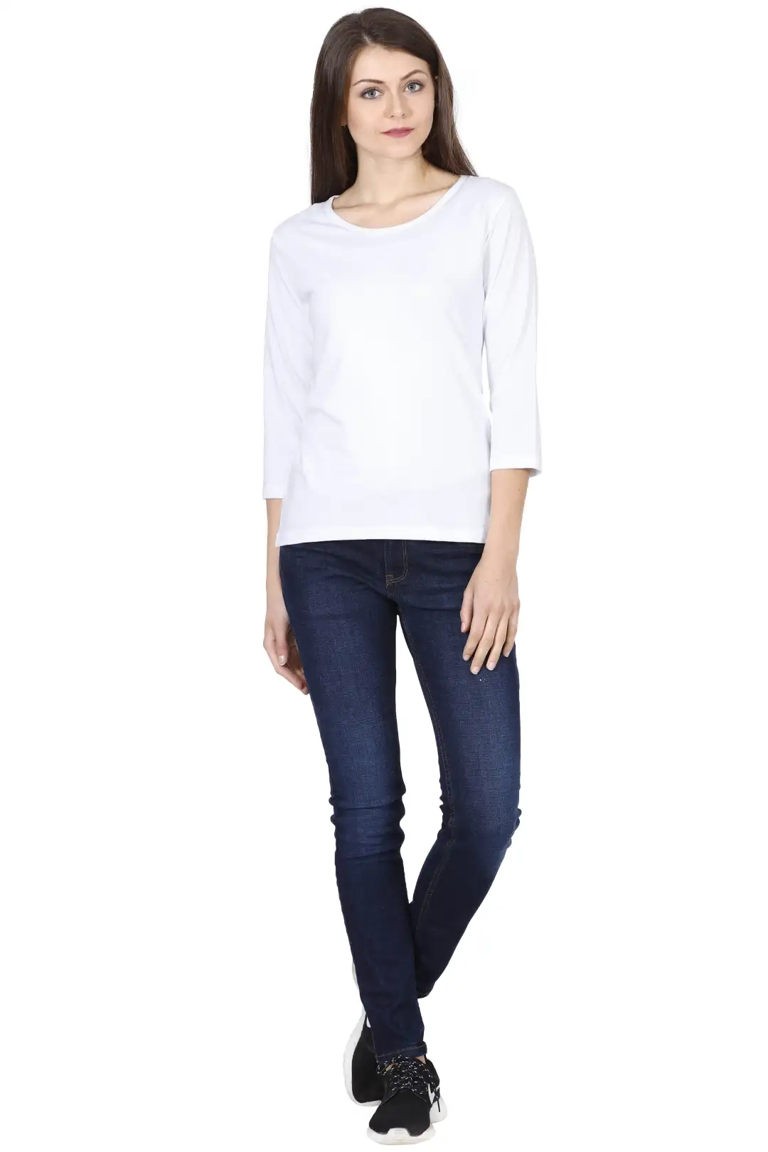 Women's 3/4 Sleeves Plain Cotton T-Shirt White - Image 6
