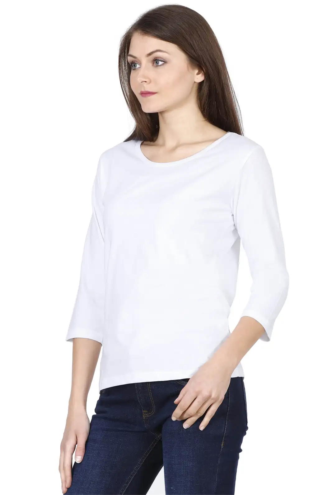 Women's 3/4 Sleeves Plain Cotton T-Shirt White - Image 2