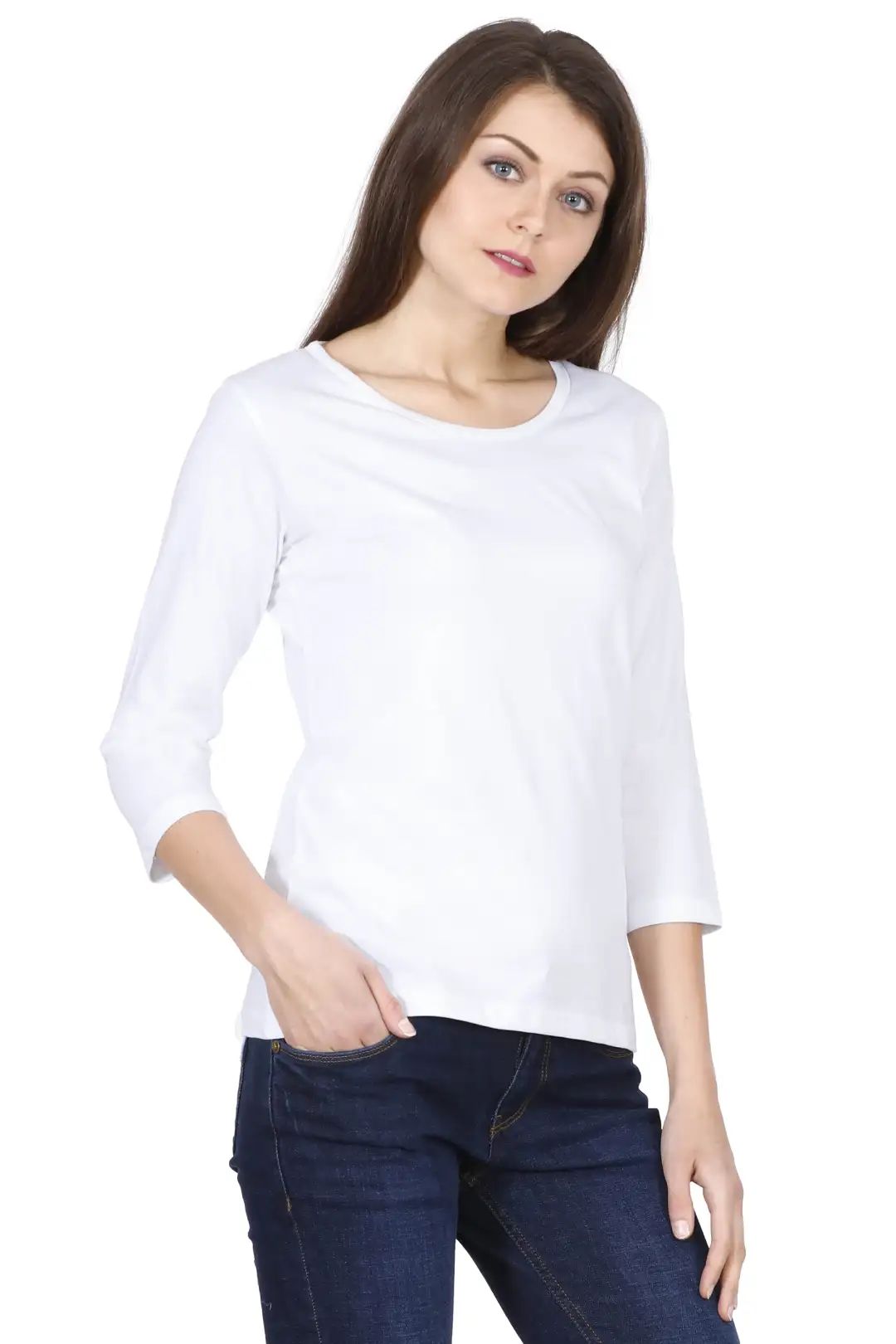 Women's 3/4 Sleeves Plain Cotton T-Shirt White - Image 4