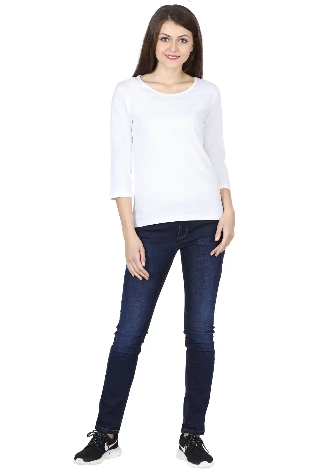 Women's 3/4 Sleeves Plain Cotton T-Shirt White - Image 7