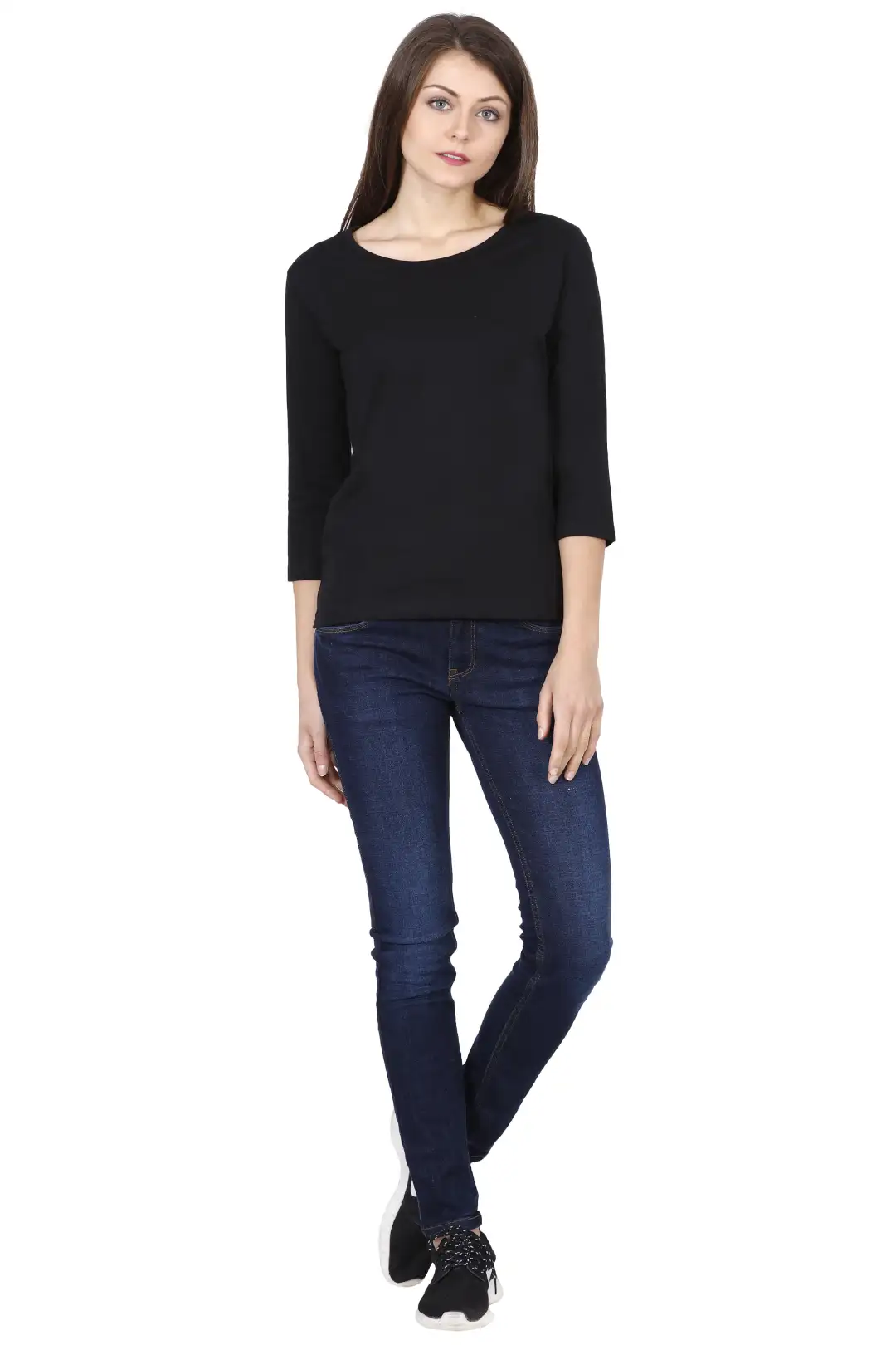 Women’s 3/4 Sleeves Plain Cotton T-Shirt Black - Image 5