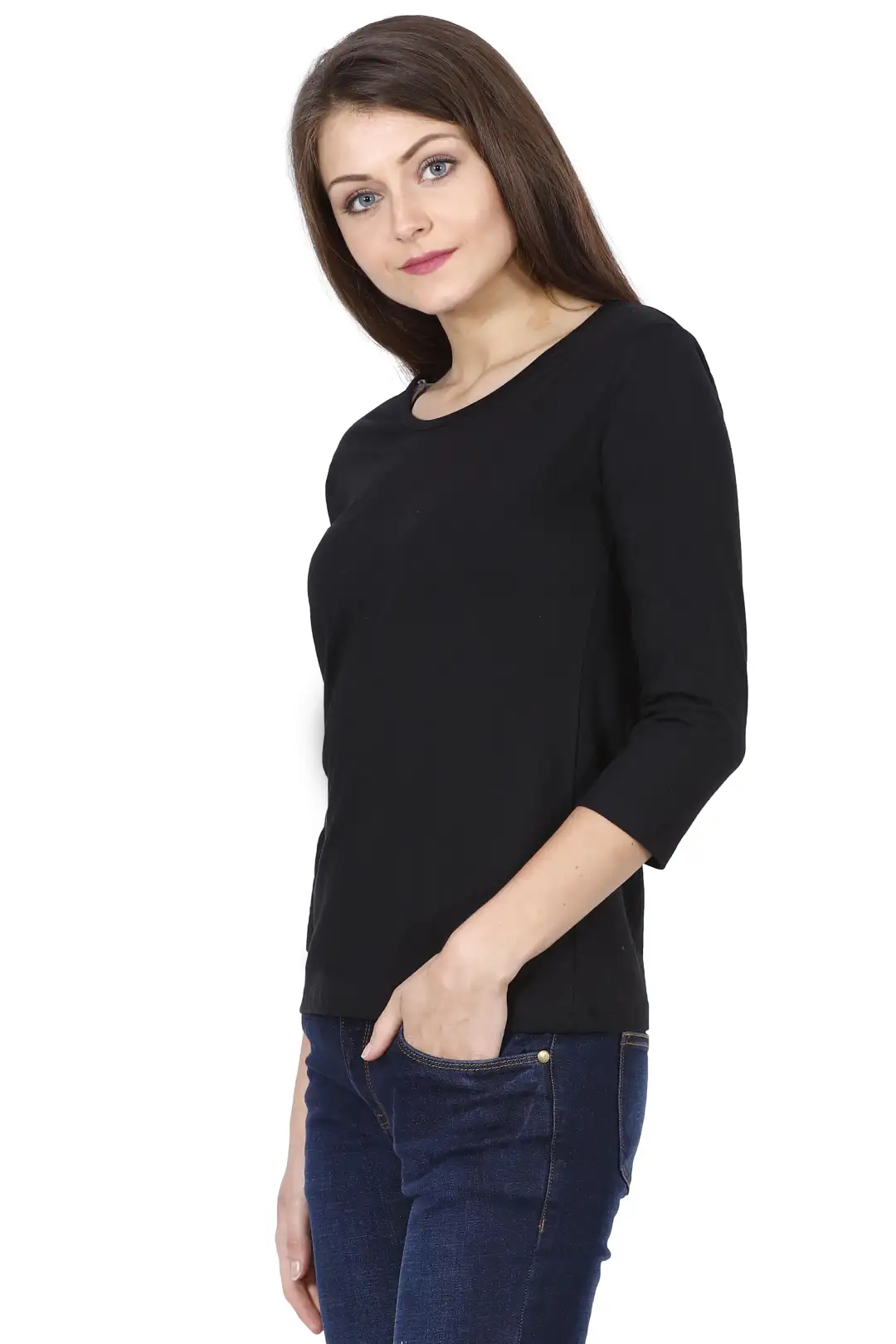 Women’s 3/4 Sleeves Plain Cotton T-Shirt Black - Image 6