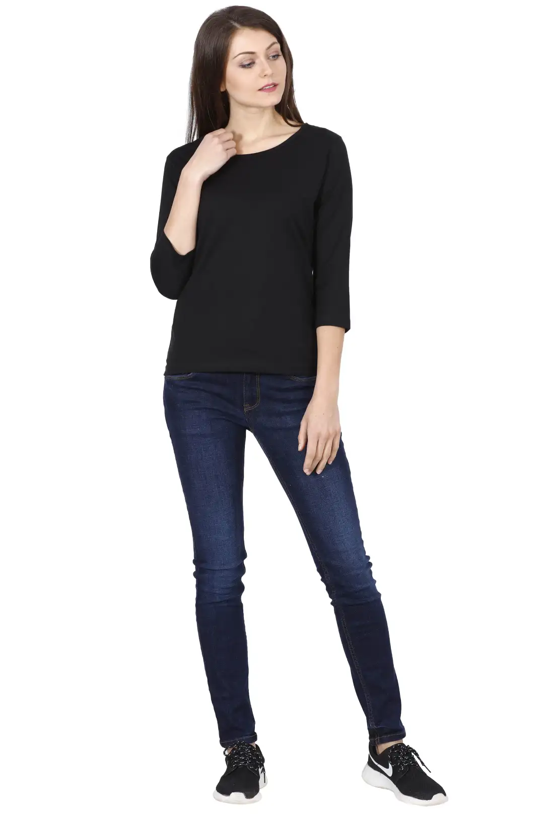 Women’s 3/4 Sleeves Plain Cotton T-Shirt Black - Image 4