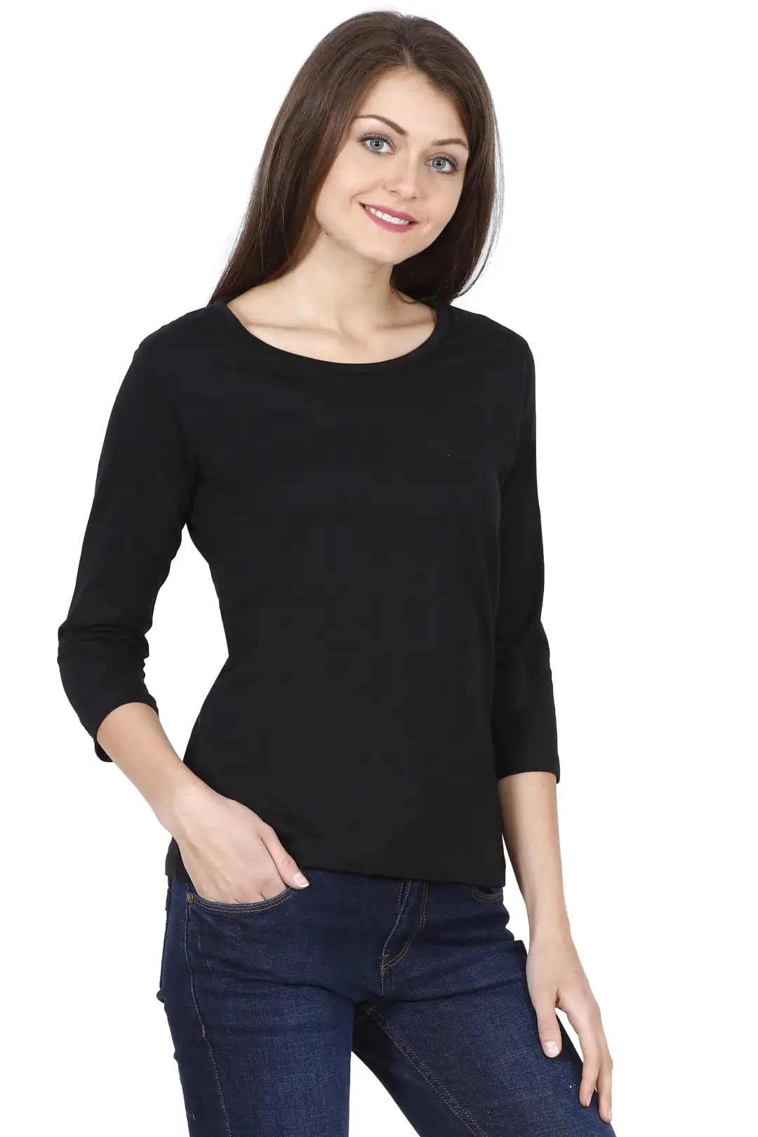 Women’s 3/4 Sleeves Plain Cotton T-Shirt Black - Image 2