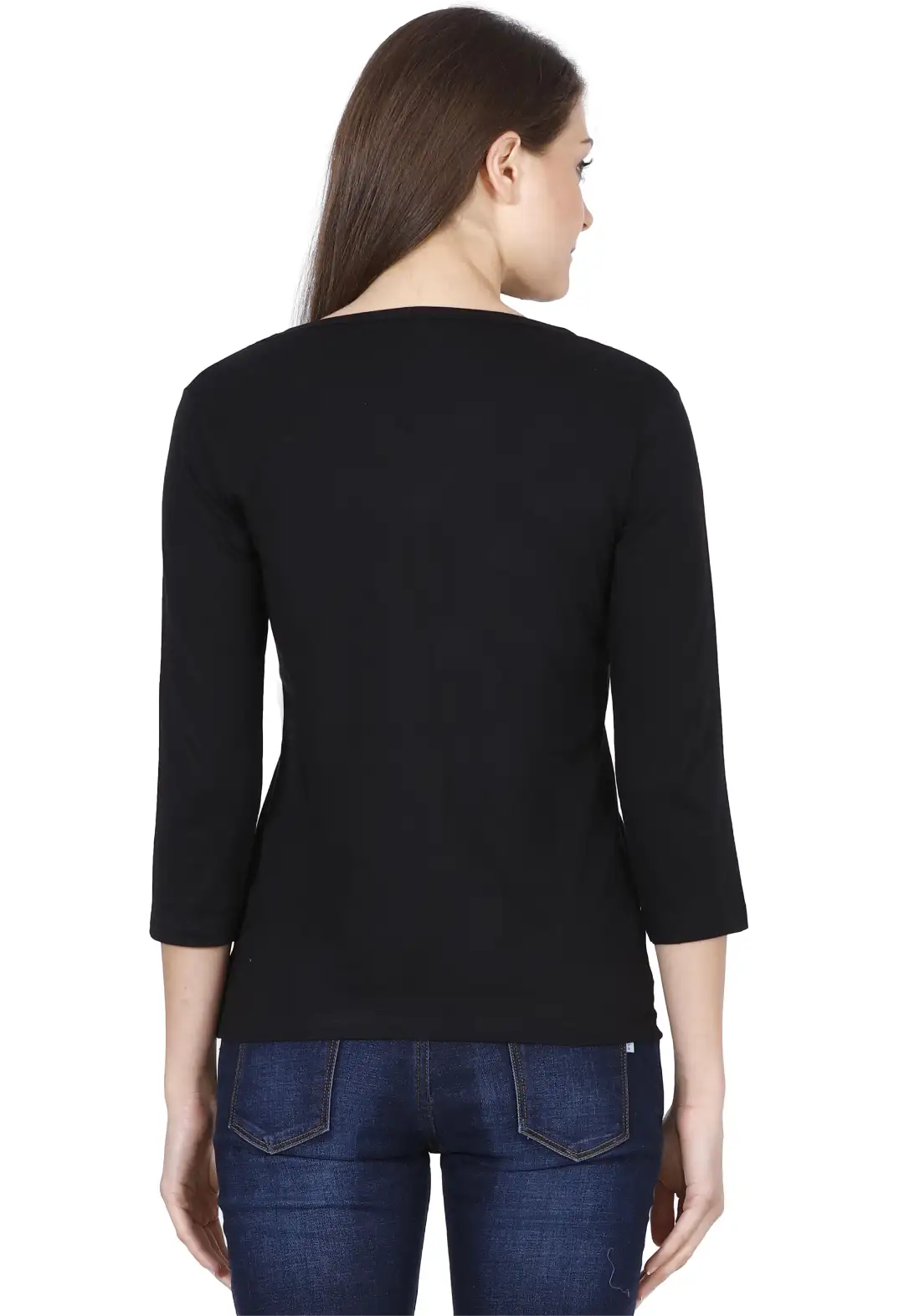 Women’s 3/4 Sleeves Plain Cotton T-Shirt Black - Image 3