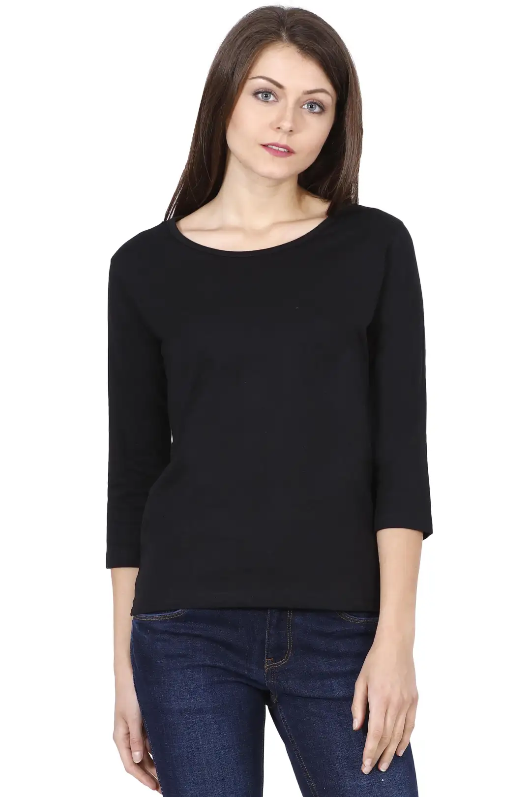 Women’s 3/4 Sleeves Plain Cotton T-Shirt Black
