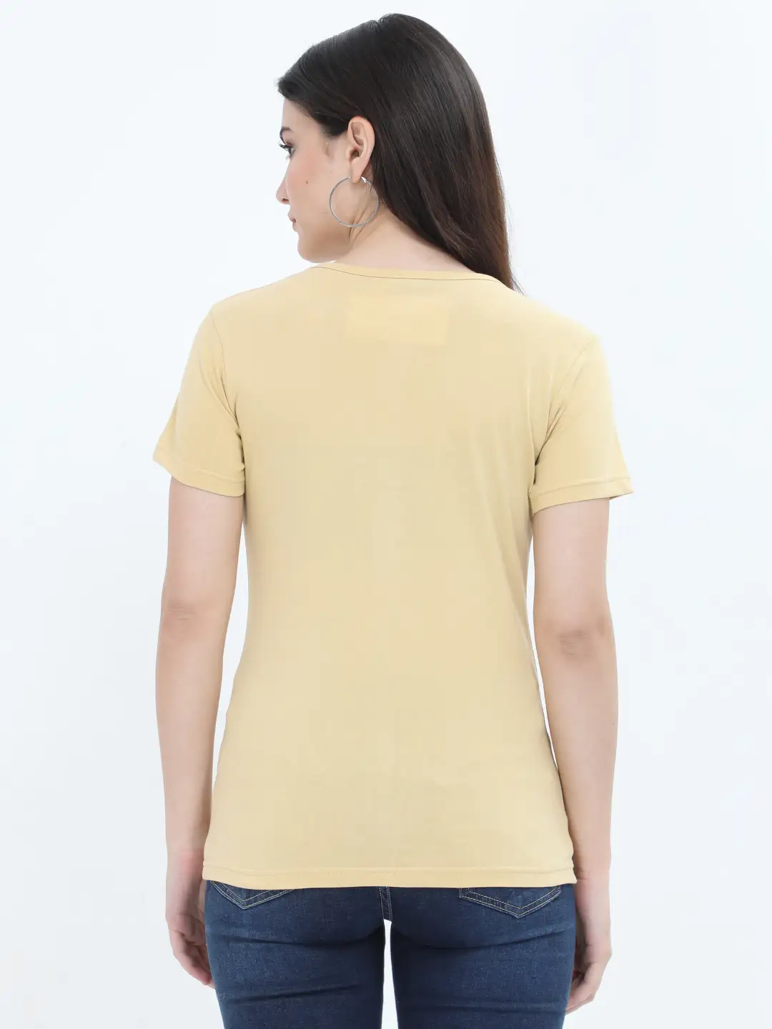 Women Solid Plain Combed Cotton T-shirt Beige - Image 2