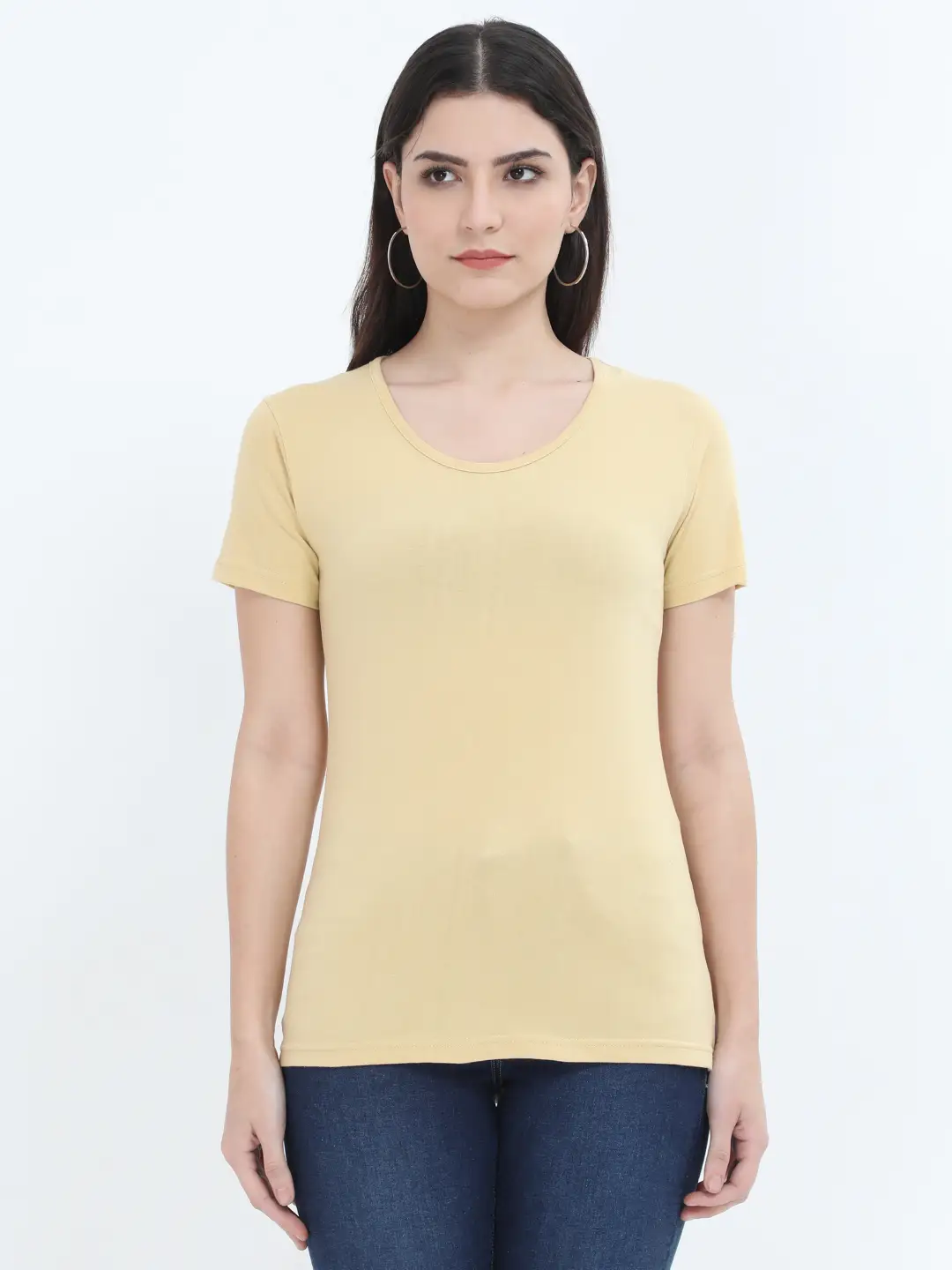 Women Solid Plain Combed Cotton T-shirt Beige