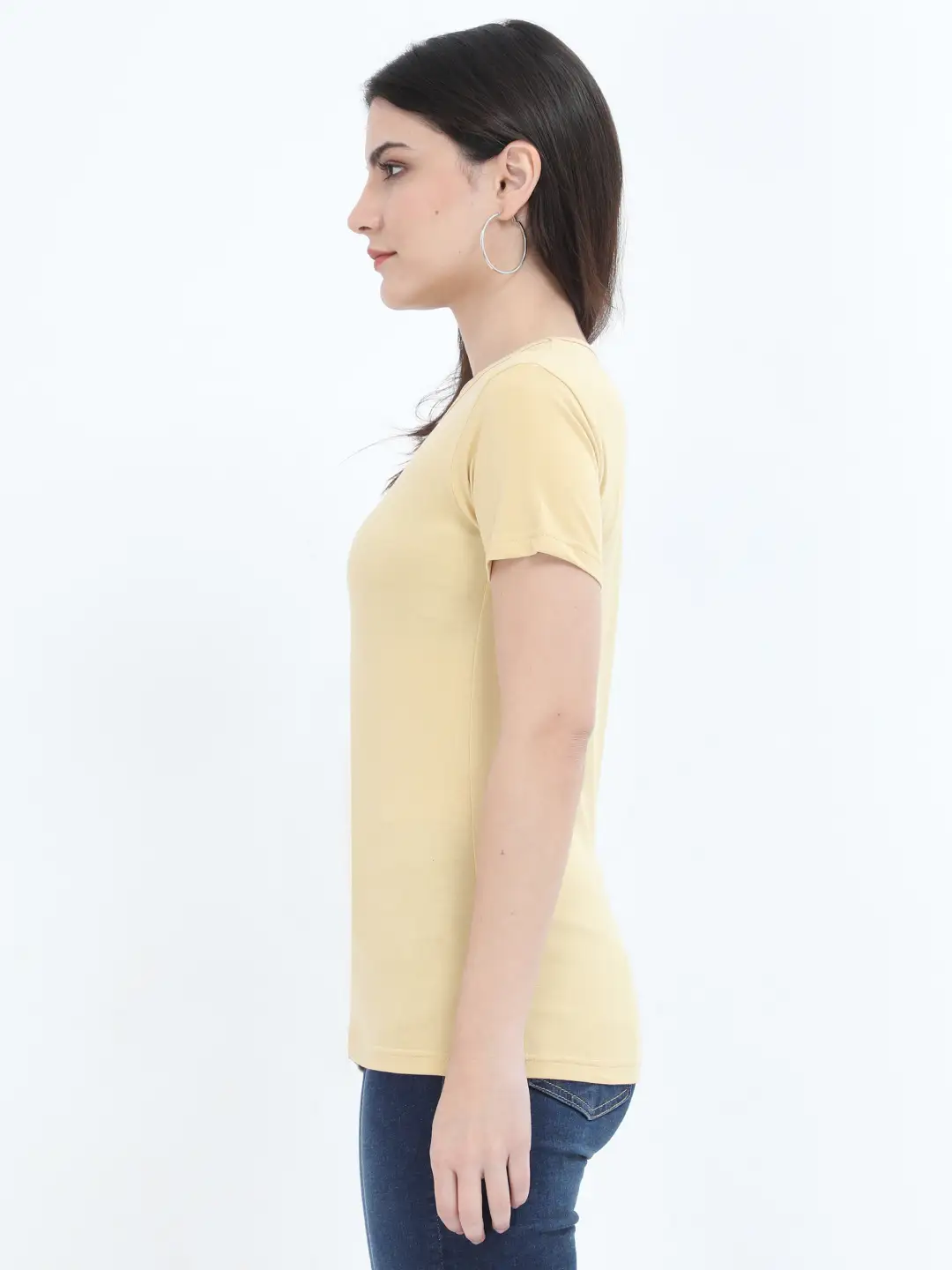 Women Solid Plain Combed Cotton T-shirt Beige - Image 3
