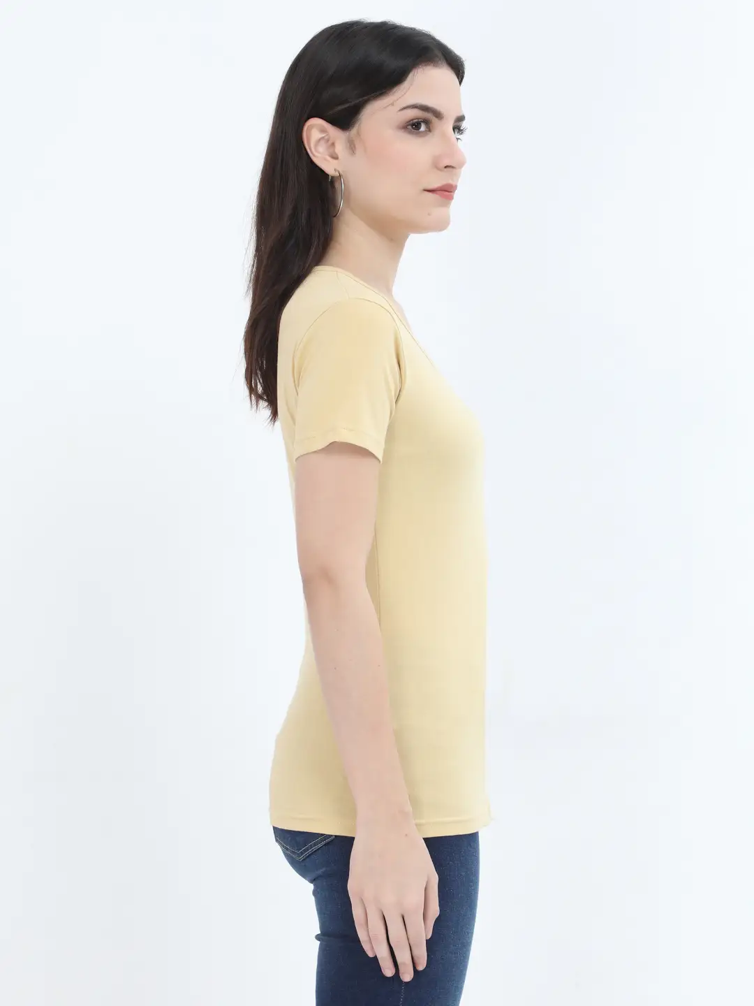 Women Solid Plain Combed Cotton T-shirt Beige - Image 4
