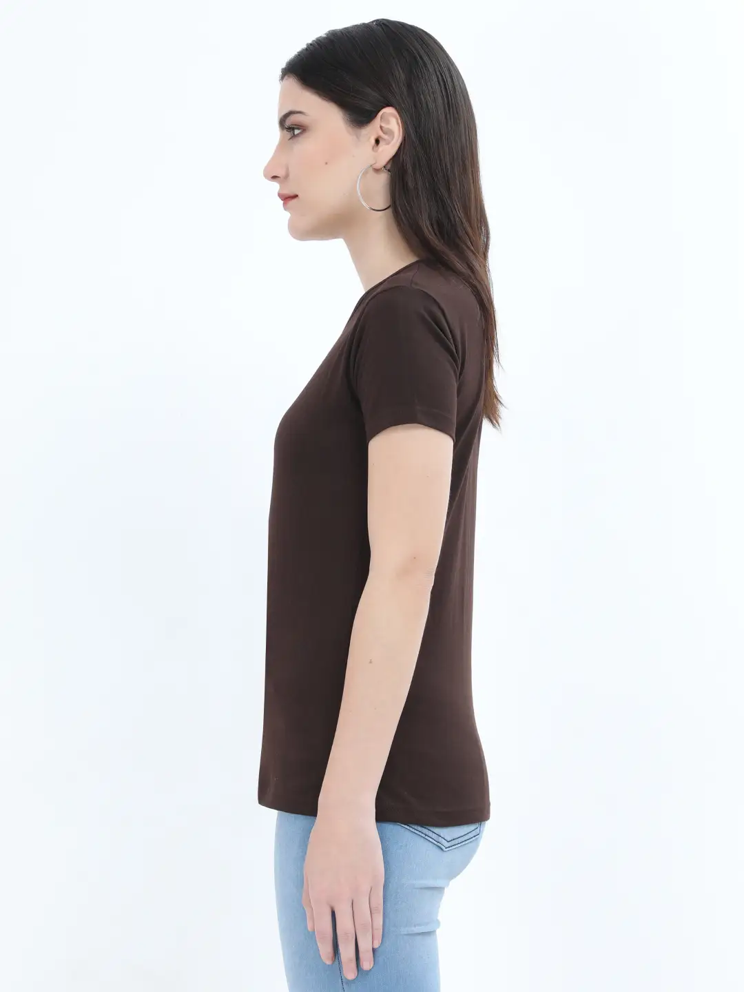 Women Solid Plain Combed Cotton T-shirt Coffee Brown - Image 4