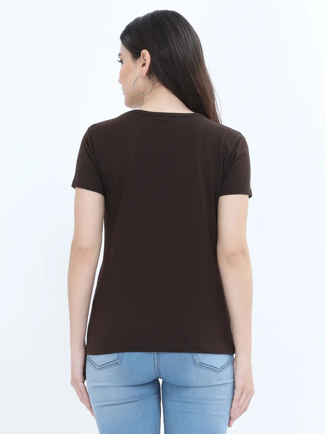Women Solid Plain Combed Cotton T-shirt Coffee Brown - Image 3