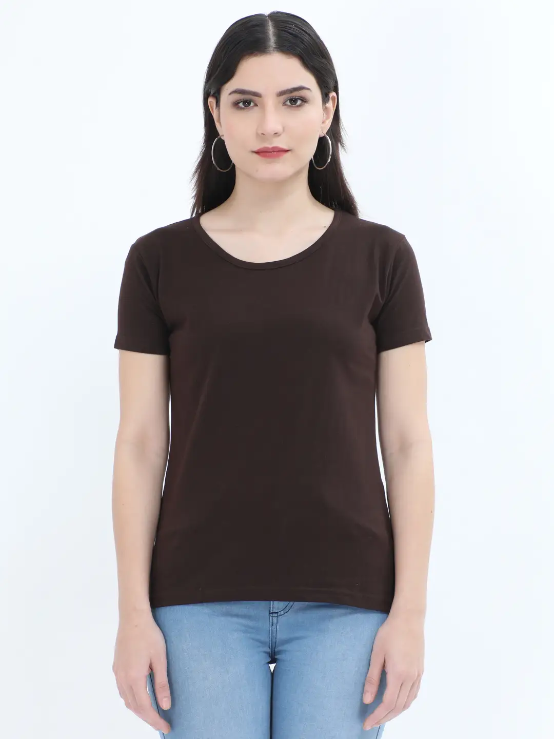 Women Solid Plain Combed Cotton T-shirt Coffee Brown