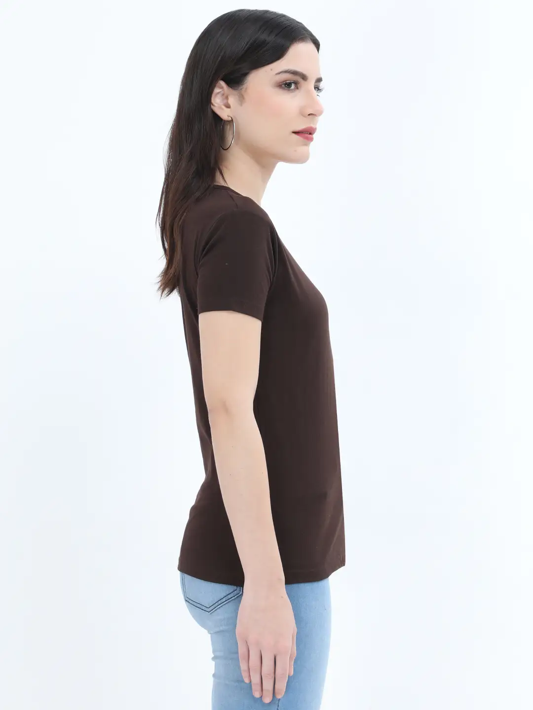 Women Solid Plain Combed Cotton T-shirt Coffee Brown - Image 2