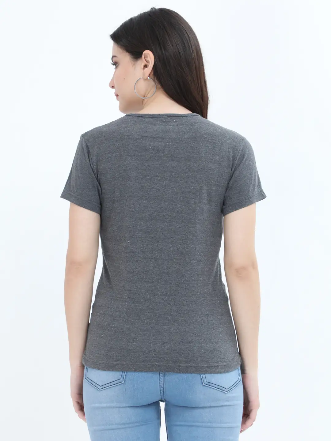 Women Solid Plain Combed Cotton T-shirt Charcoal Melange - Image 4