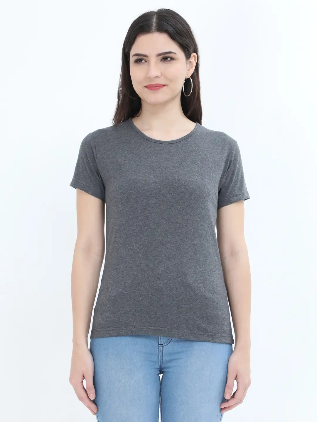Women Solid Plain Combed Cotton T-shirt Charcoal Melange