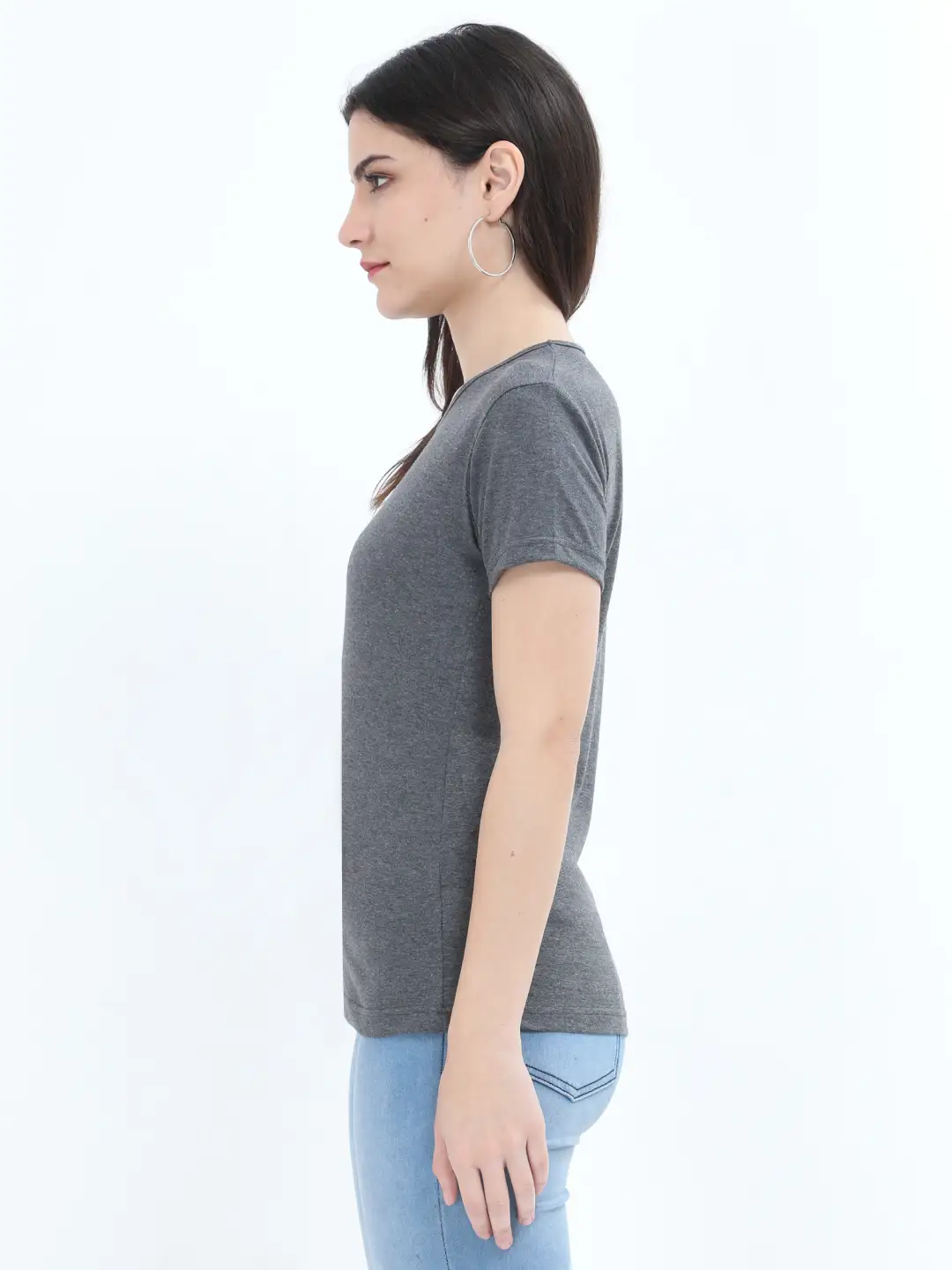 Women Solid Plain Combed Cotton T-shirt Charcoal Melange - Image 3