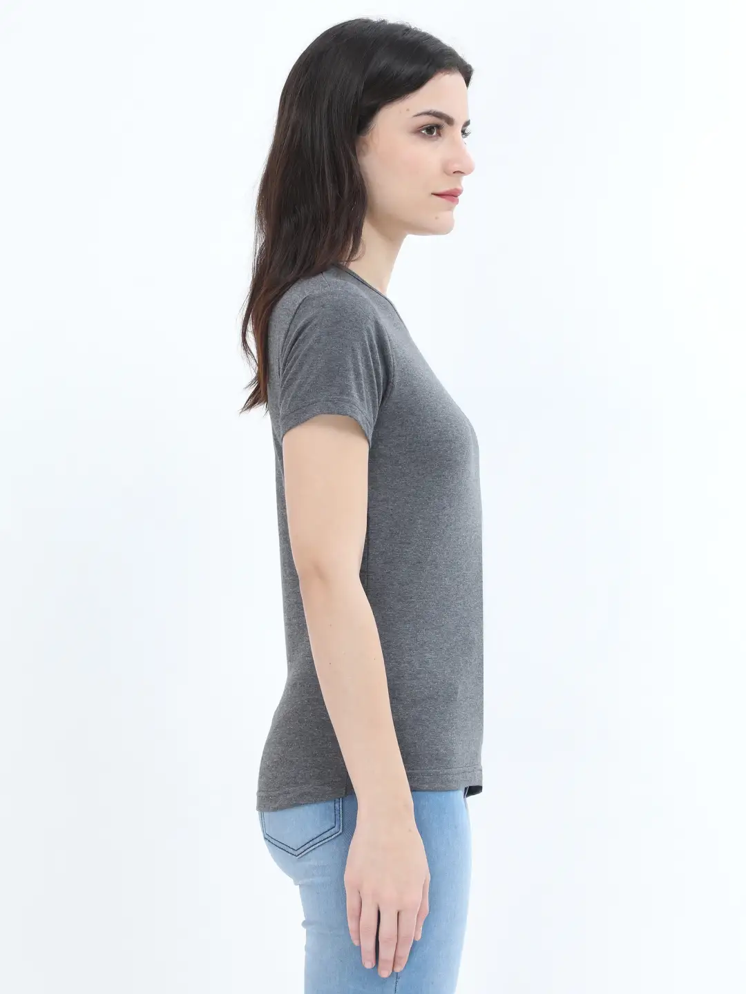 Women Solid Plain Combed Cotton T-shirt Charcoal Melange - Image 2