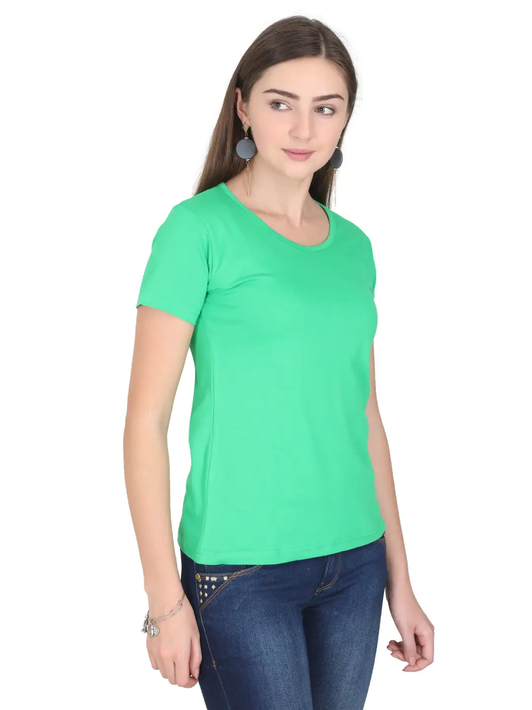 Women Solid Plain Combed Cotton T-shirt Flag Green - Image 6