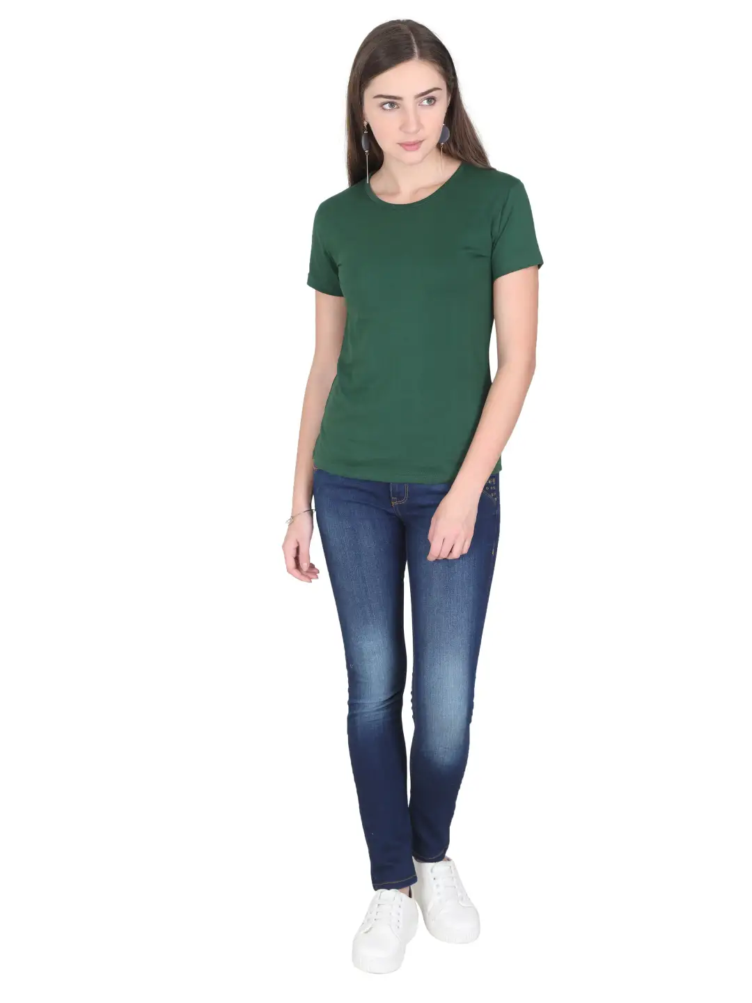 Women Solid Plain Combed Cotton T-shirt Bottle Green - Image 5