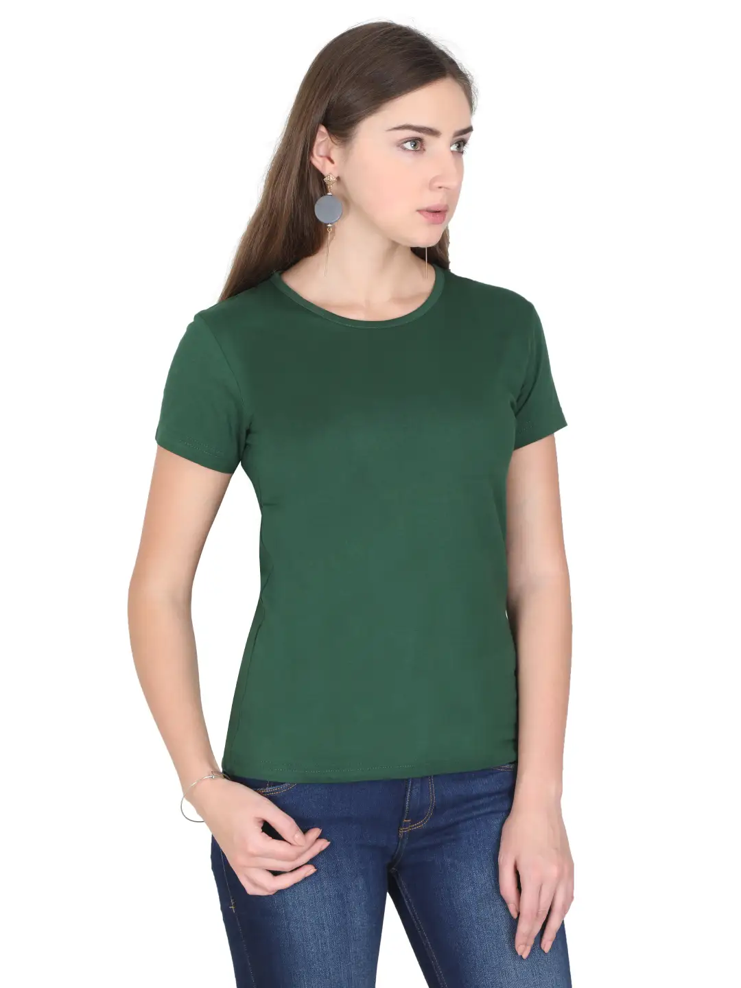 Women Solid Plain Combed Cotton T-shirt Bottle Green - Image 4