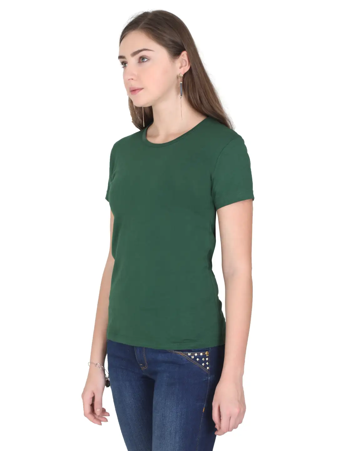 Women Solid Plain Combed Cotton T-shirt Bottle Green - Image 3
