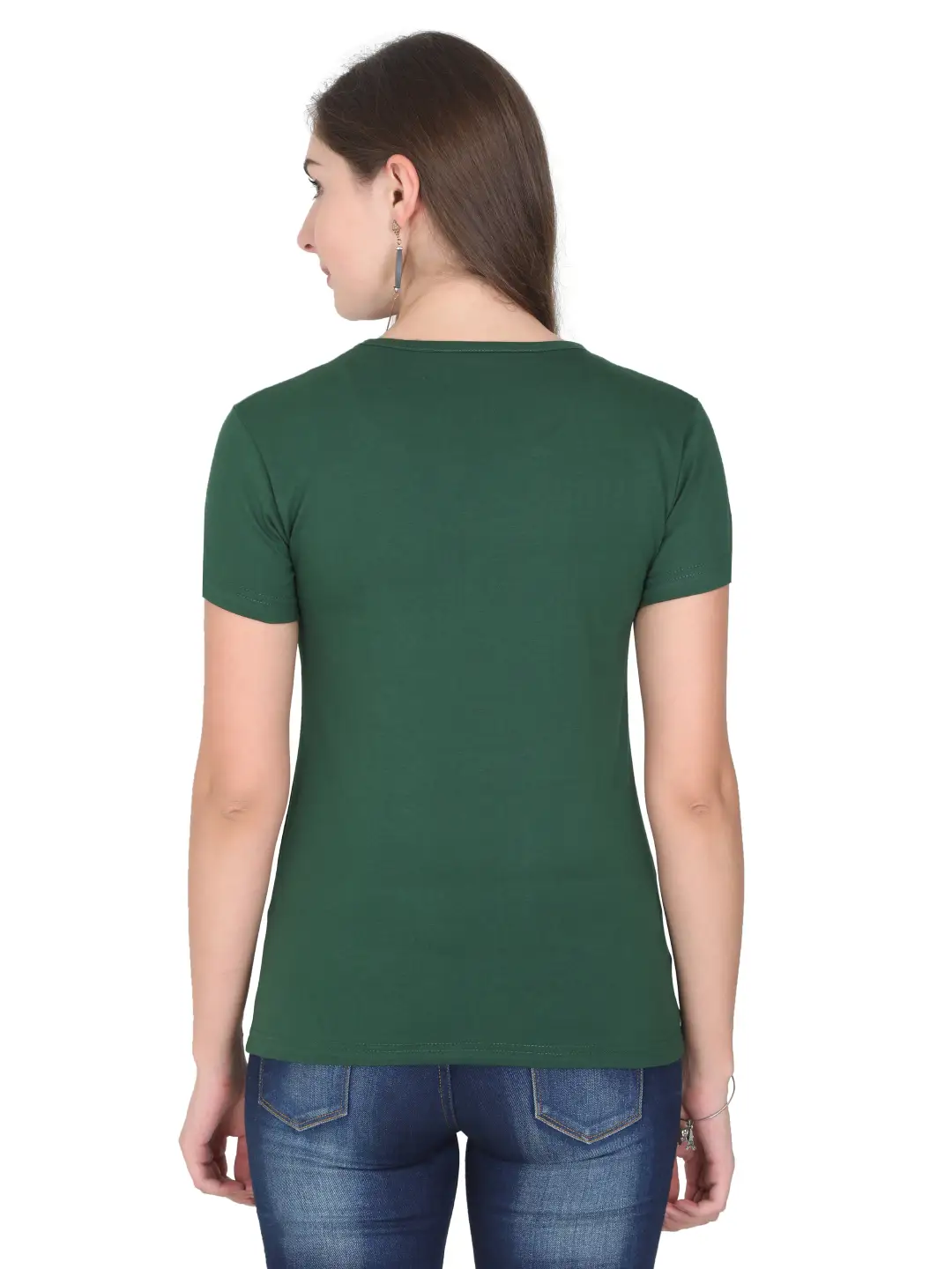 Women Solid Plain Combed Cotton T-shirt Bottle Green - Image 6