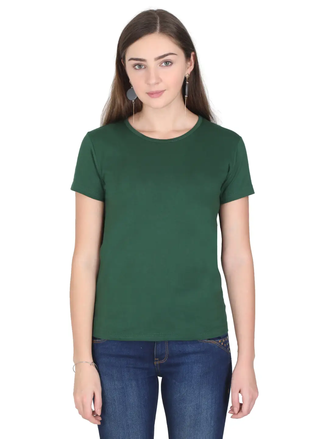 Women Solid Plain Combed Cotton T-shirt Bottle Green
