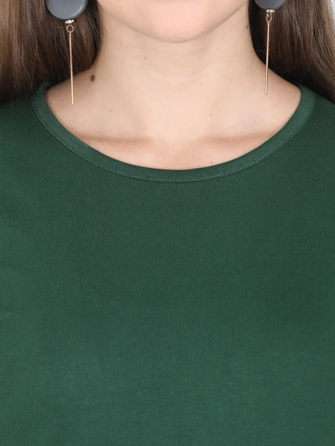 Women Solid Plain Combed Cotton T-shirt Bottle Green - Image 7