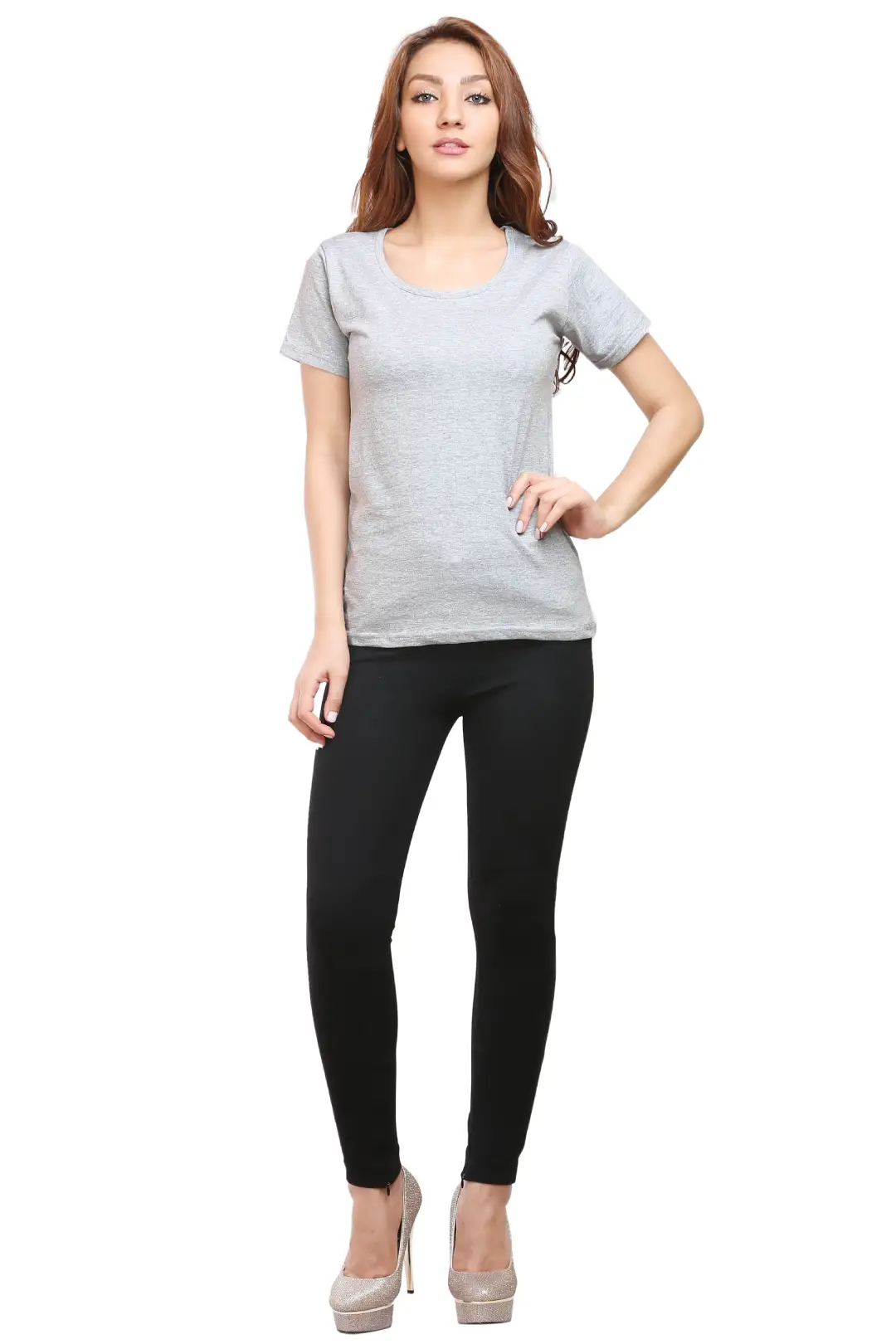 Women Solid Plain Combed Cotton T-shirt Grey Melange - Image 5