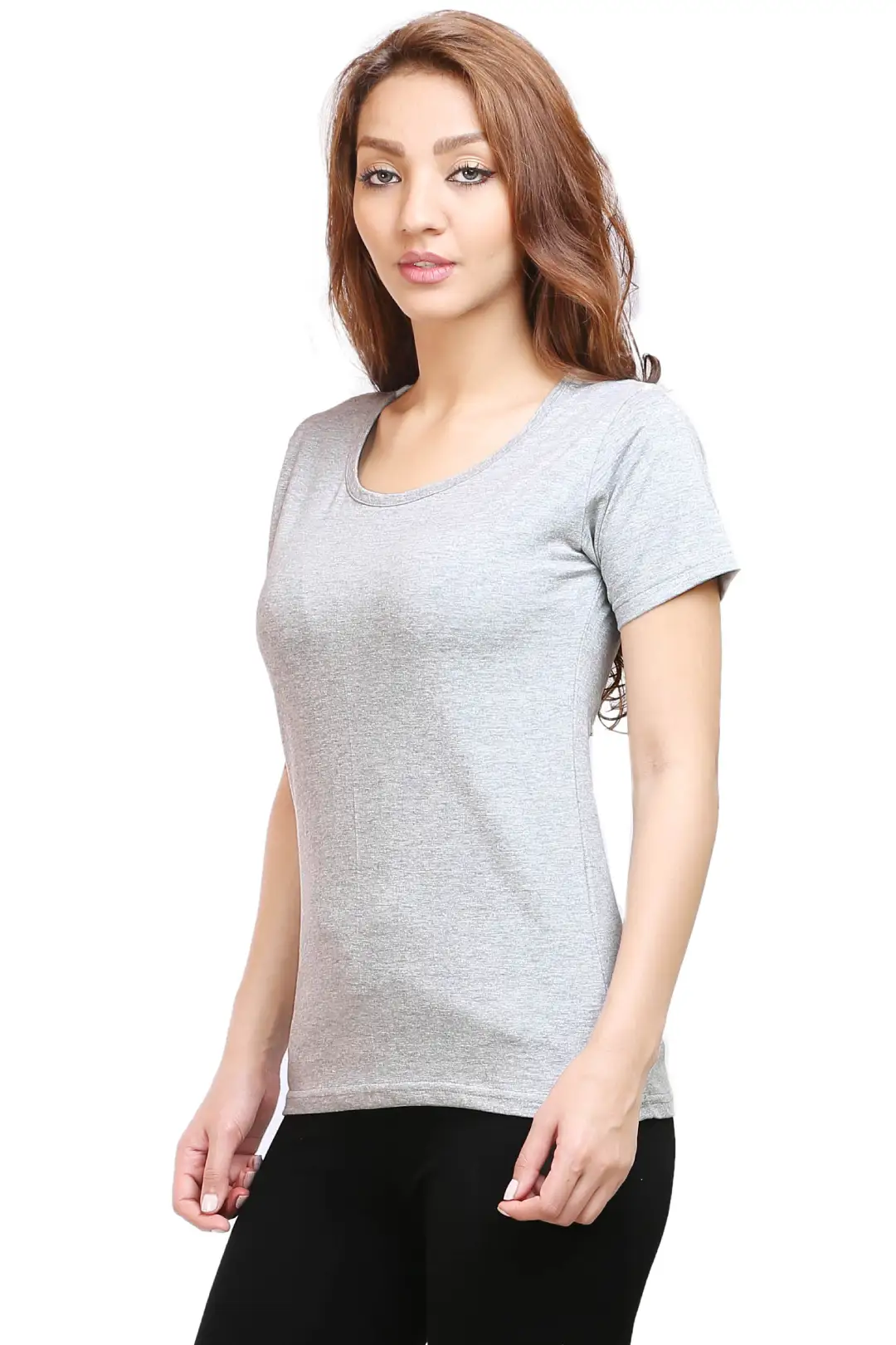 Women Solid Plain Combed Cotton T-shirt Grey Melange - Image 3