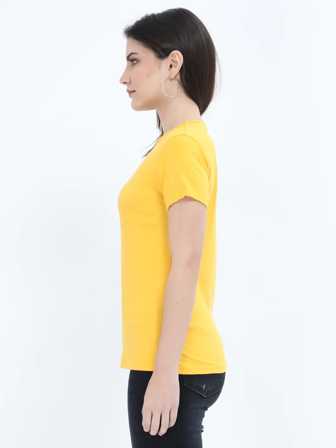 Women Solid Plain Combed Cotton T-shirt Golden Yellow - Image 3