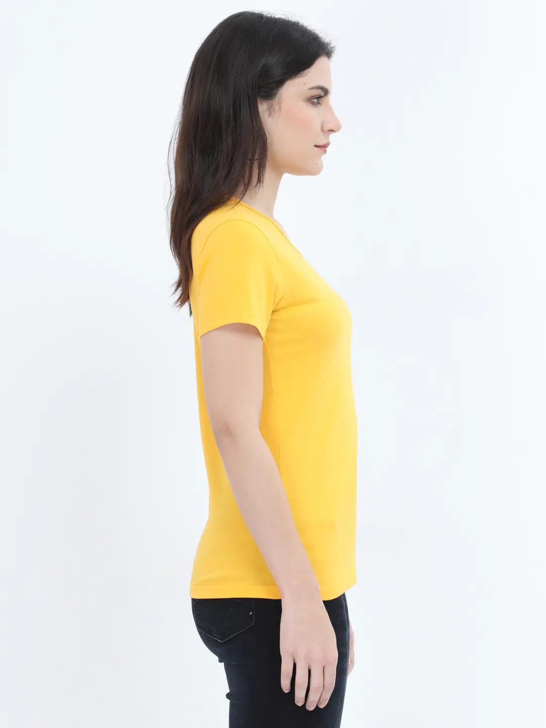 Women Solid Plain Combed Cotton T-shirt Golden Yellow - Image 4