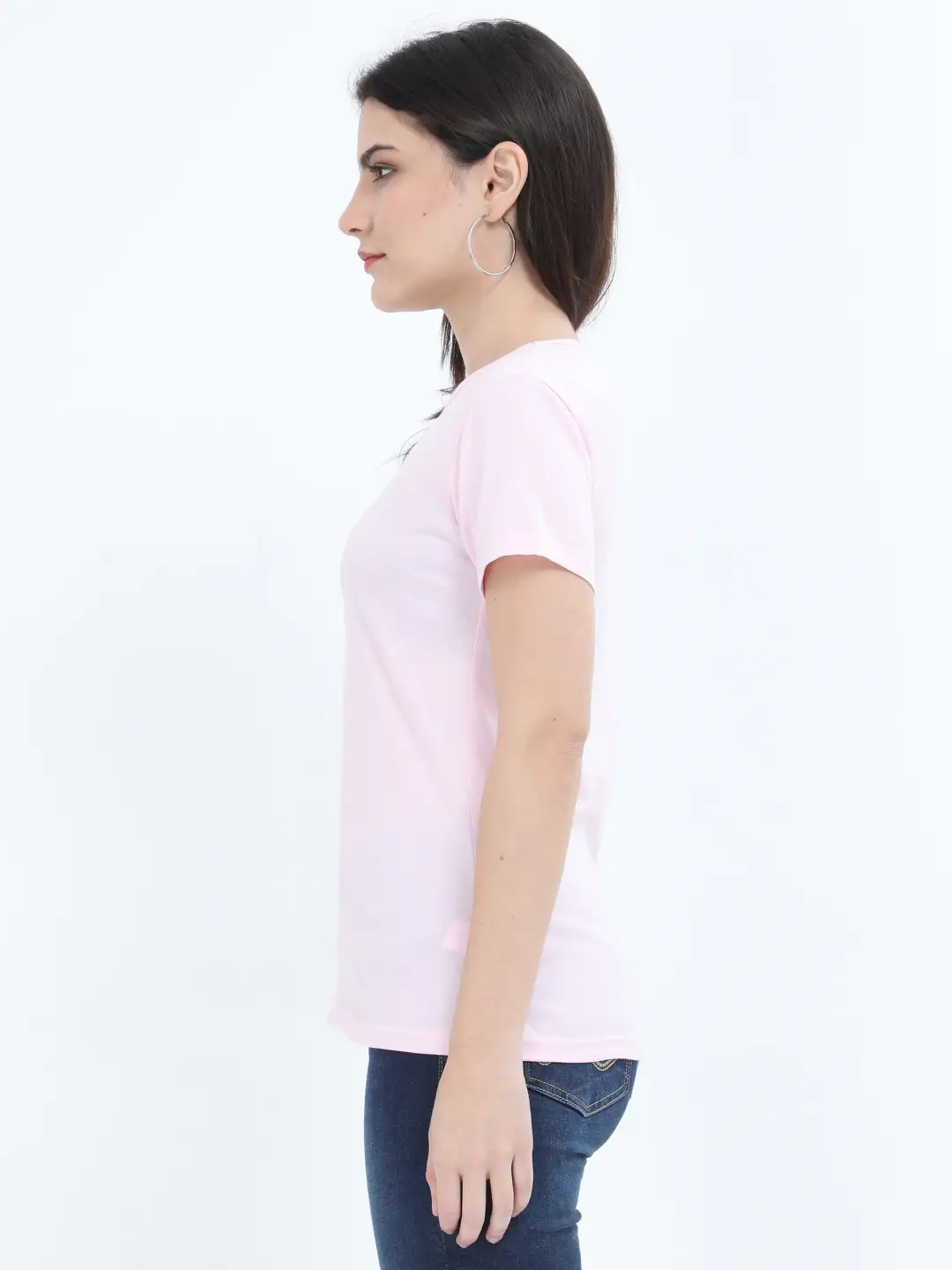 Women Solid Plain Combed Cotton T-shirt Light Baby Pink - Image 4