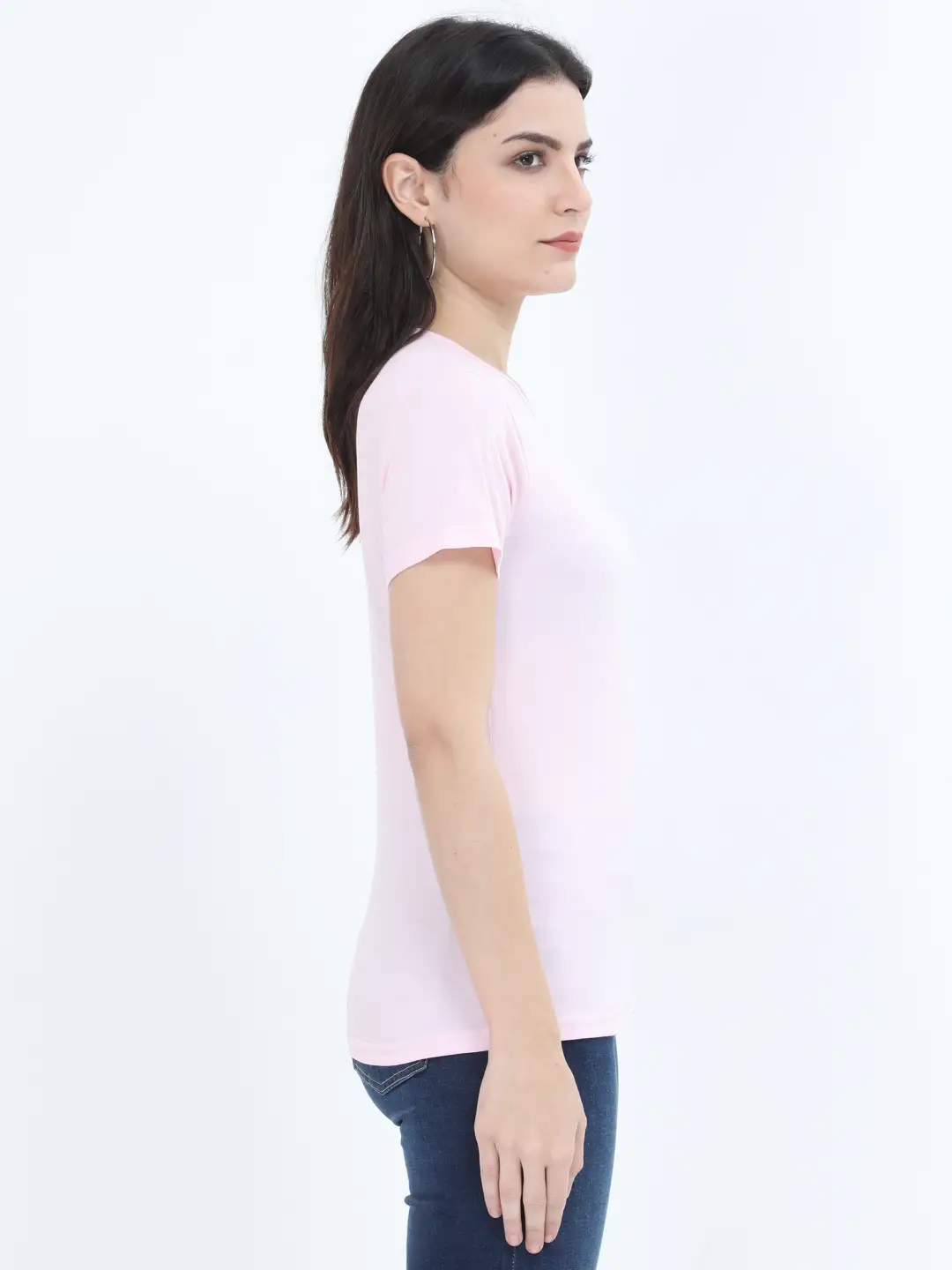 Women Solid Plain Combed Cotton T-shirt Light Baby Pink - Image 3