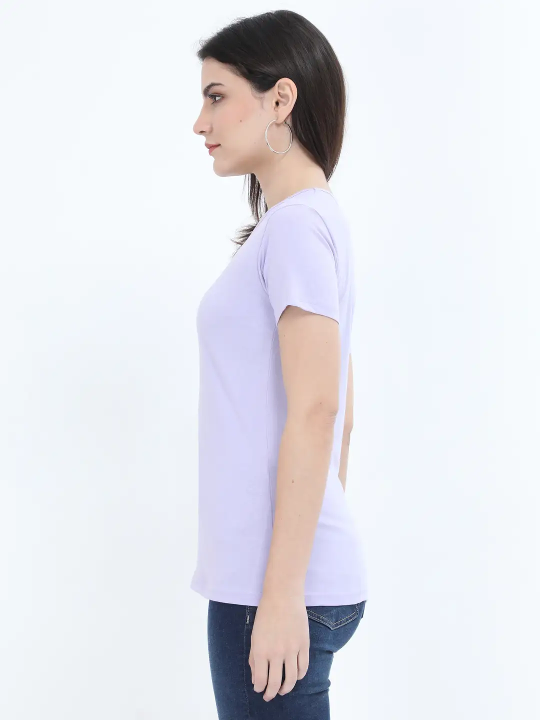Women Solid Plain Combed Cotton T-shirt Lavender - Image 2