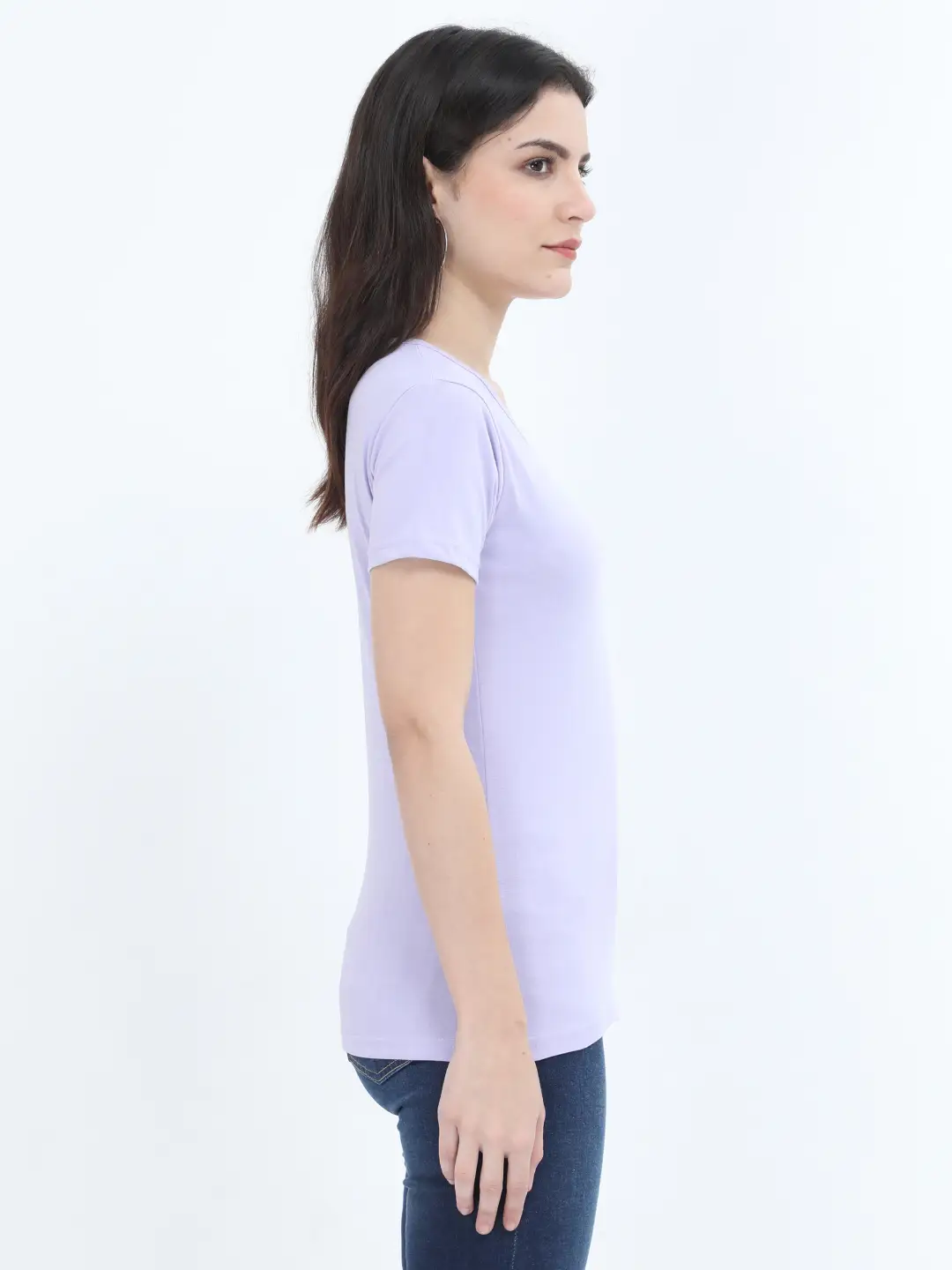 Women Solid Plain Combed Cotton T-shirt Lavender - Image 4