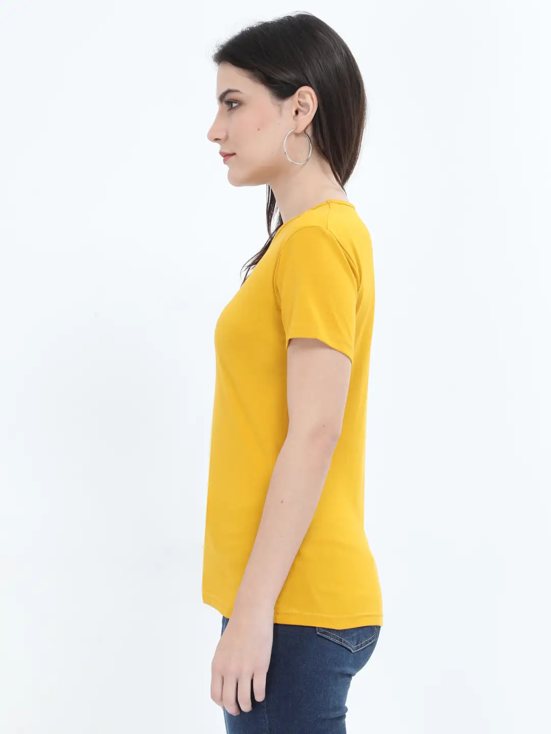 Women Solid Plain Combed Cotton T-shirt Mustard Yellow - Image 2