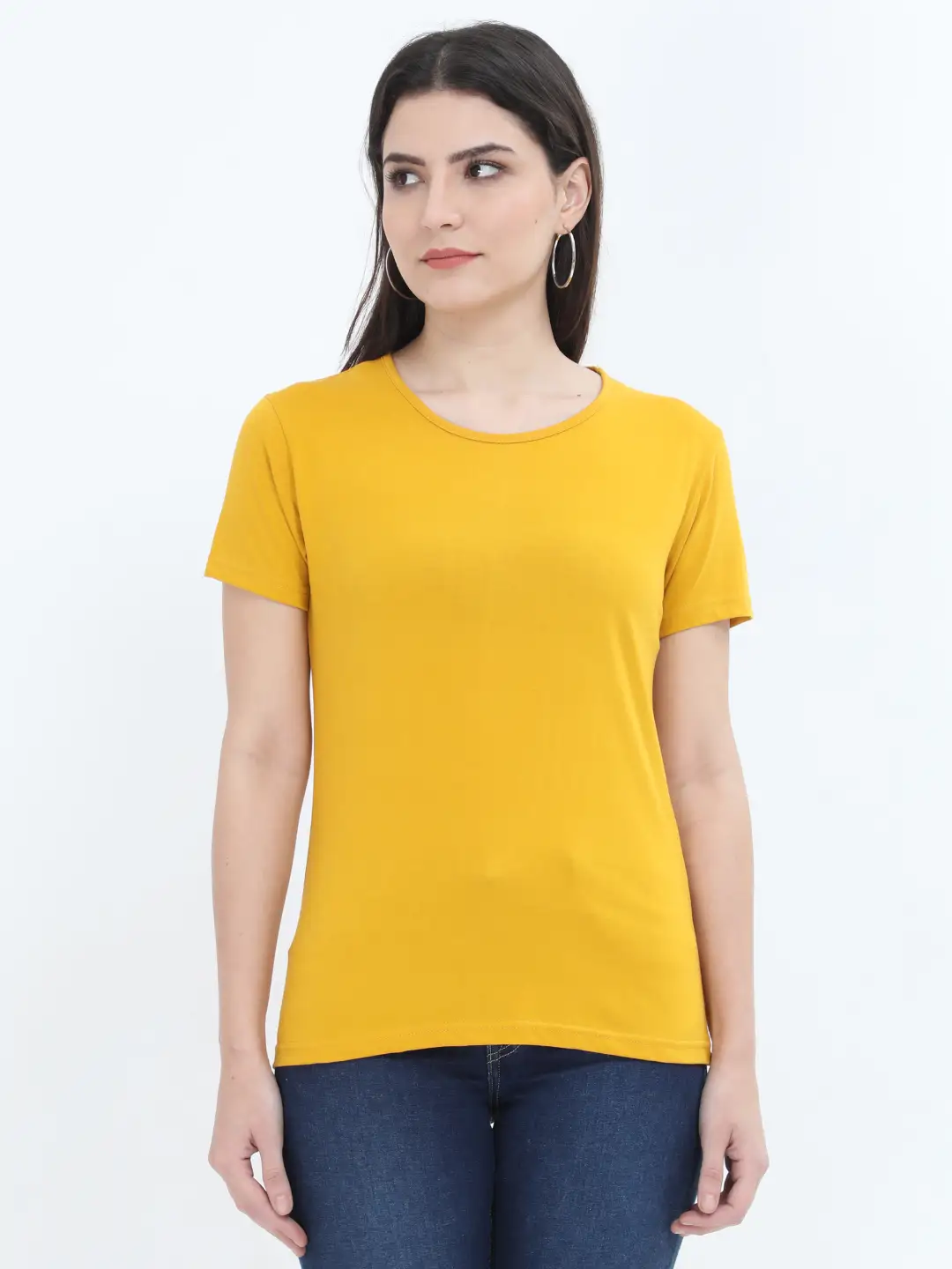 Women Solid Plain Combed Cotton T-shirt Mustard Yellow