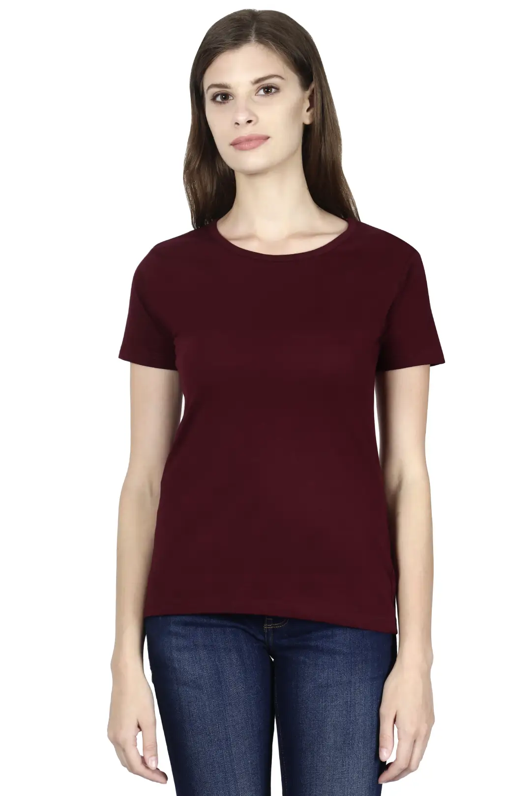 Women Solid Plain Combed Cotton T-shirt Maroon