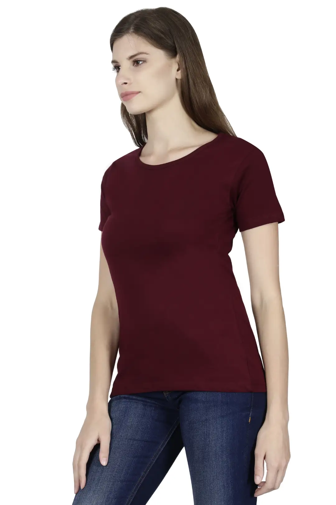 Women Solid Plain Combed Cotton T-shirt Maroon - Image 3