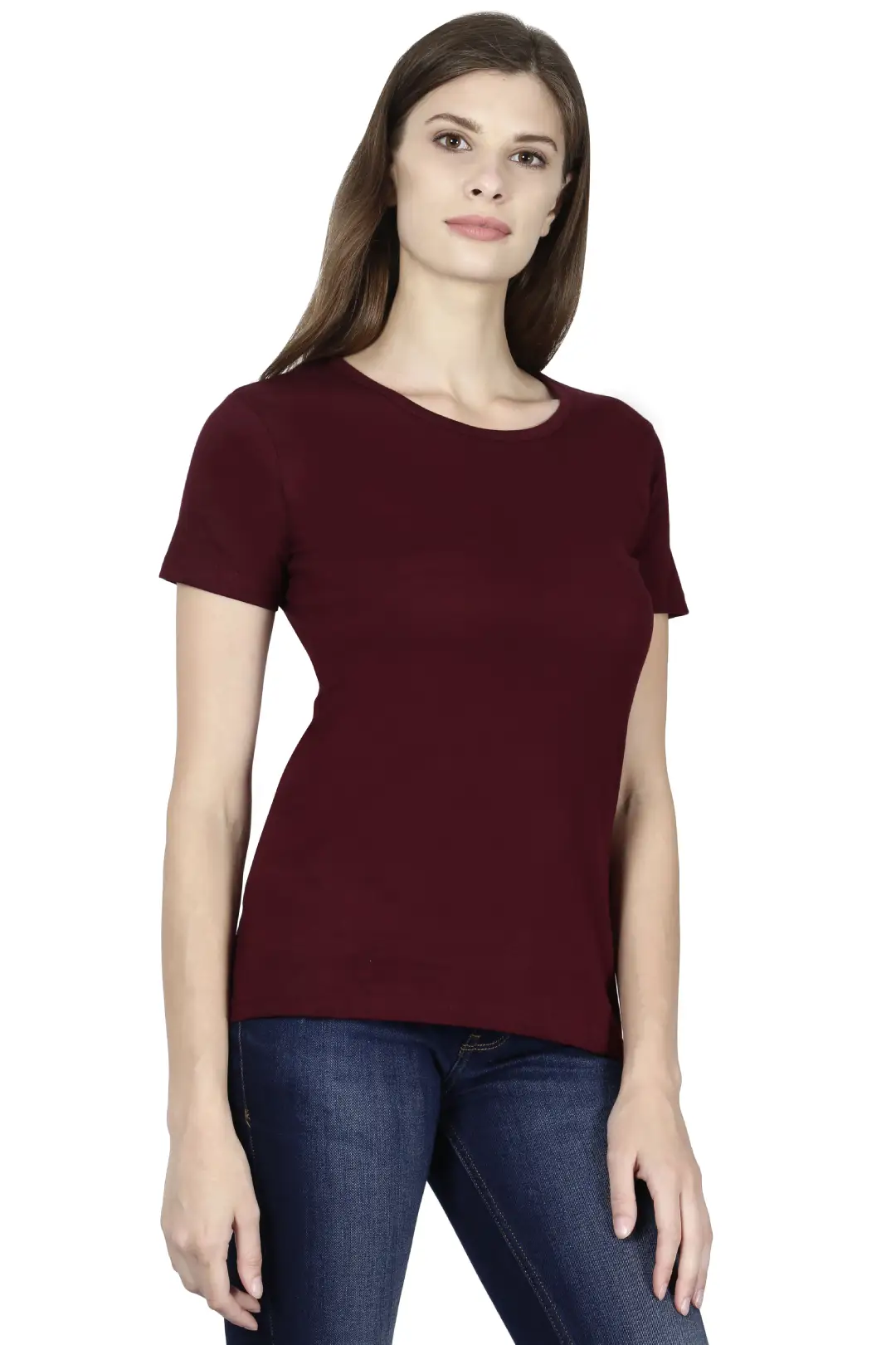 Women Solid Plain Combed Cotton T-shirt Maroon - Image 5