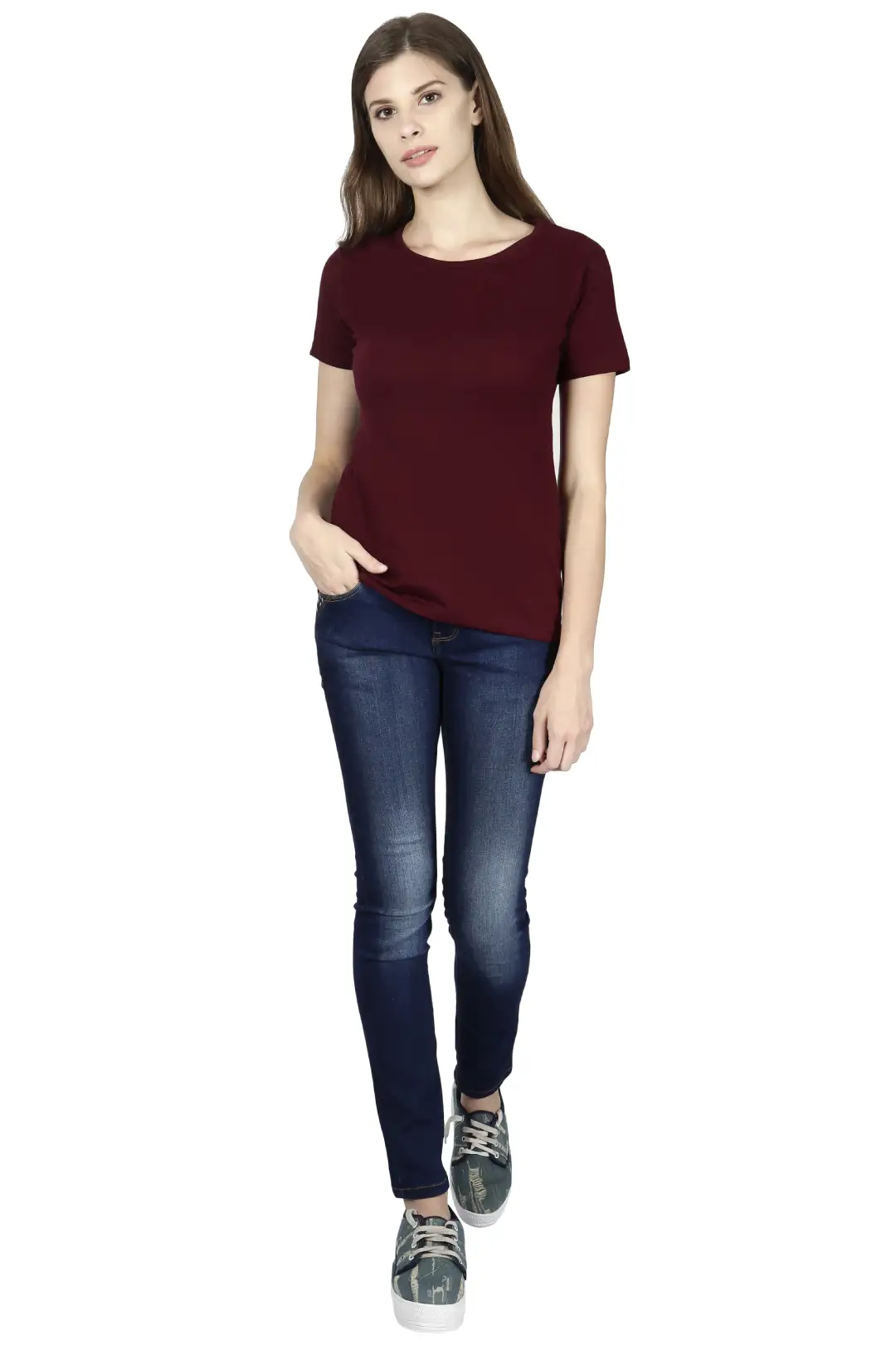 Women Solid Plain Combed Cotton T-shirt Maroon - Image 4