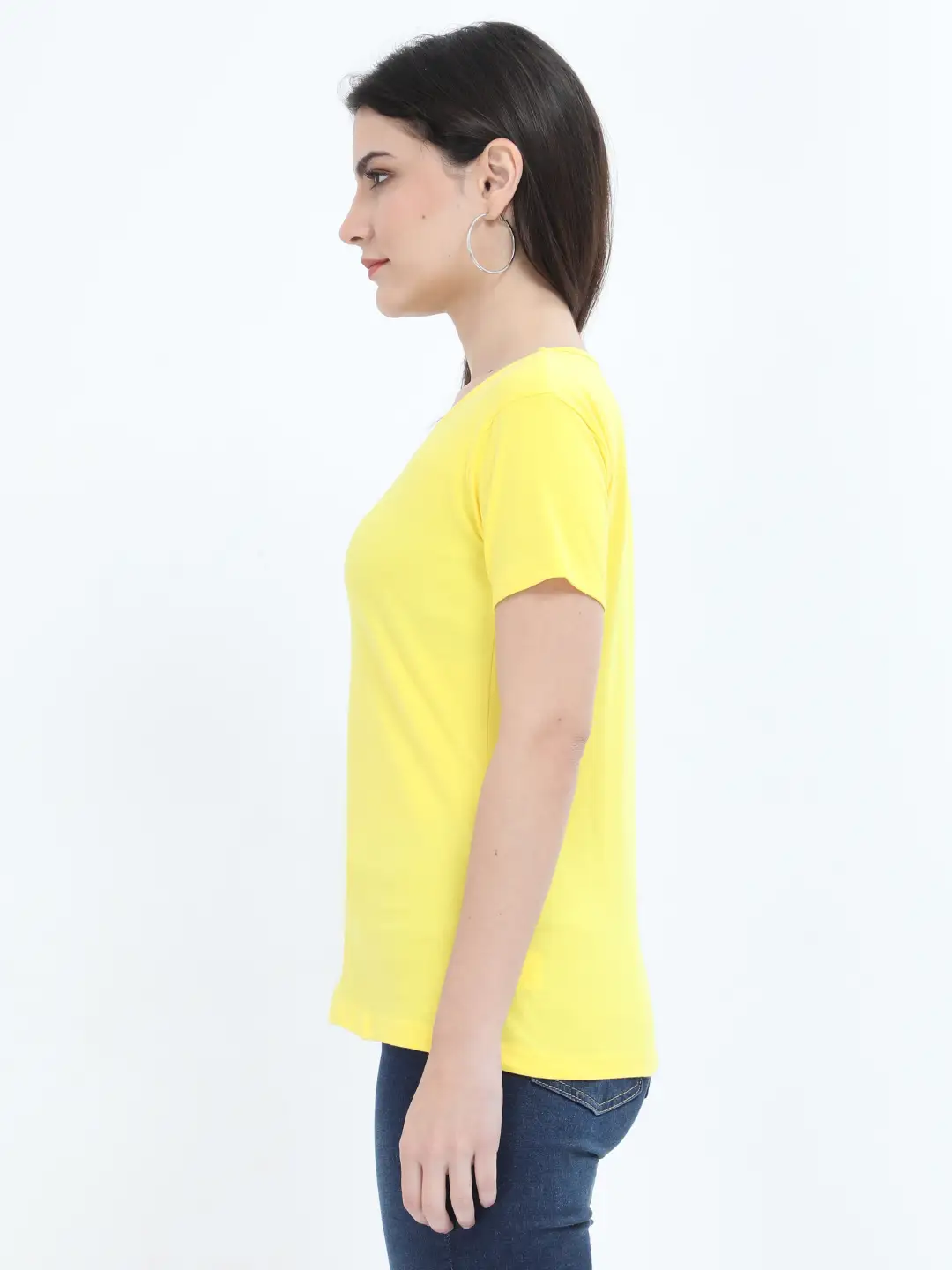 Women Solid Plain Combed Cotton T-shirt New Yellow - Image 2