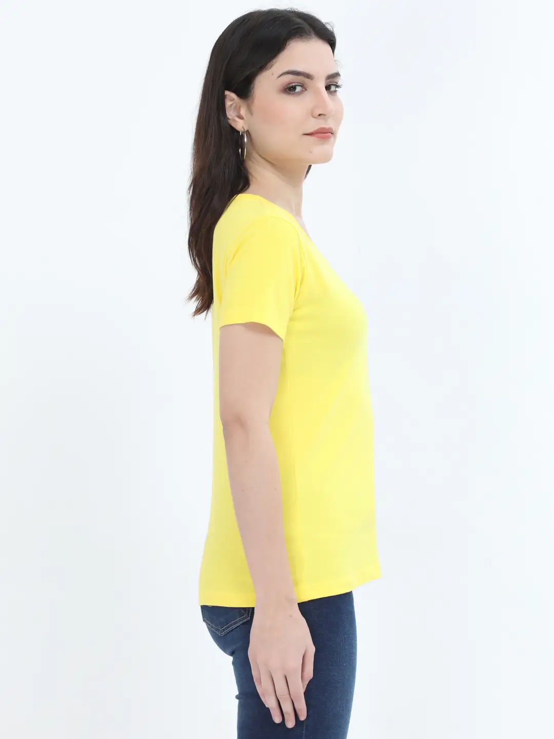 Women Solid Plain Combed Cotton T-shirt New Yellow - Image 4