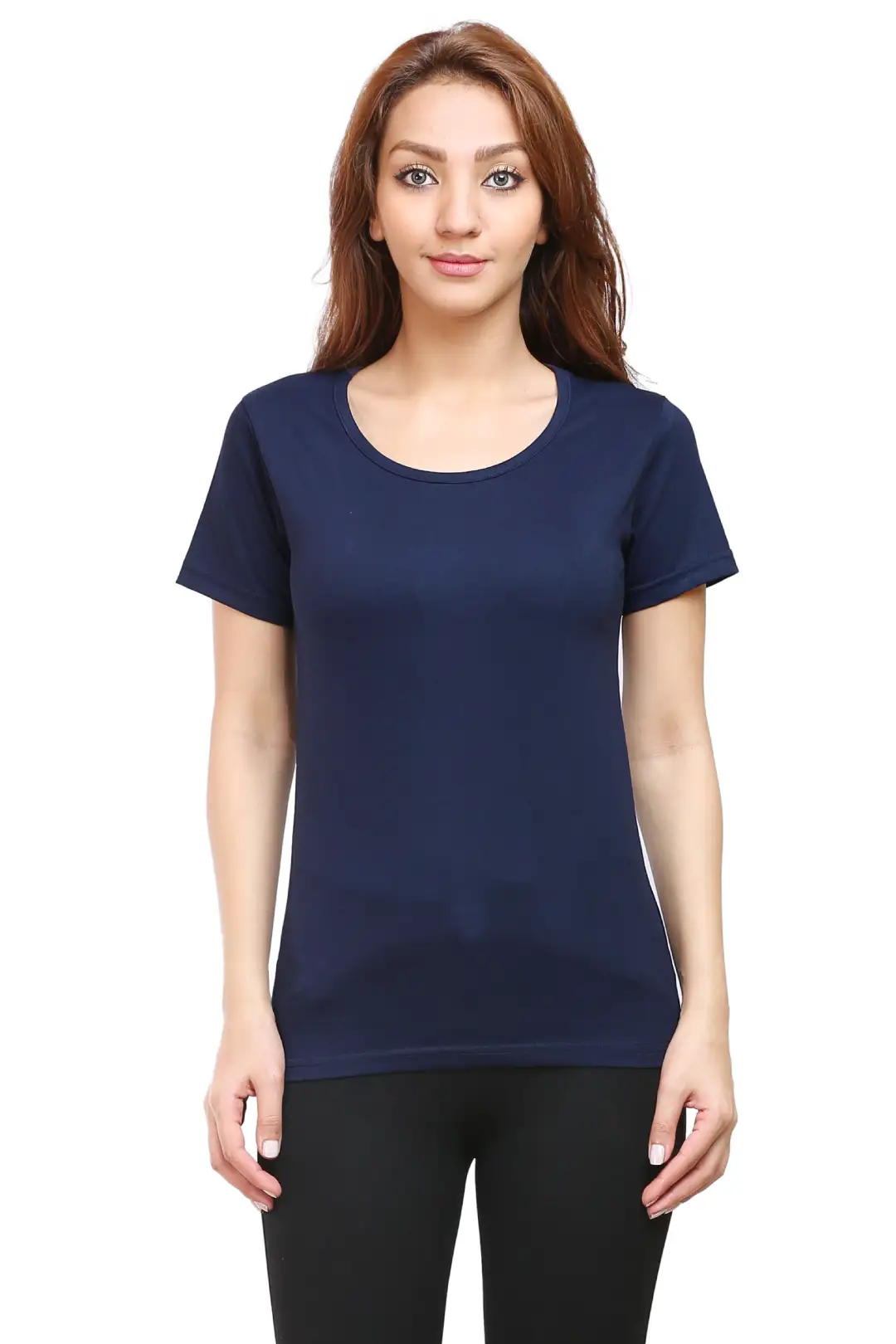 Women Solid Plain Combed Cotton T-shirt Navy Blue